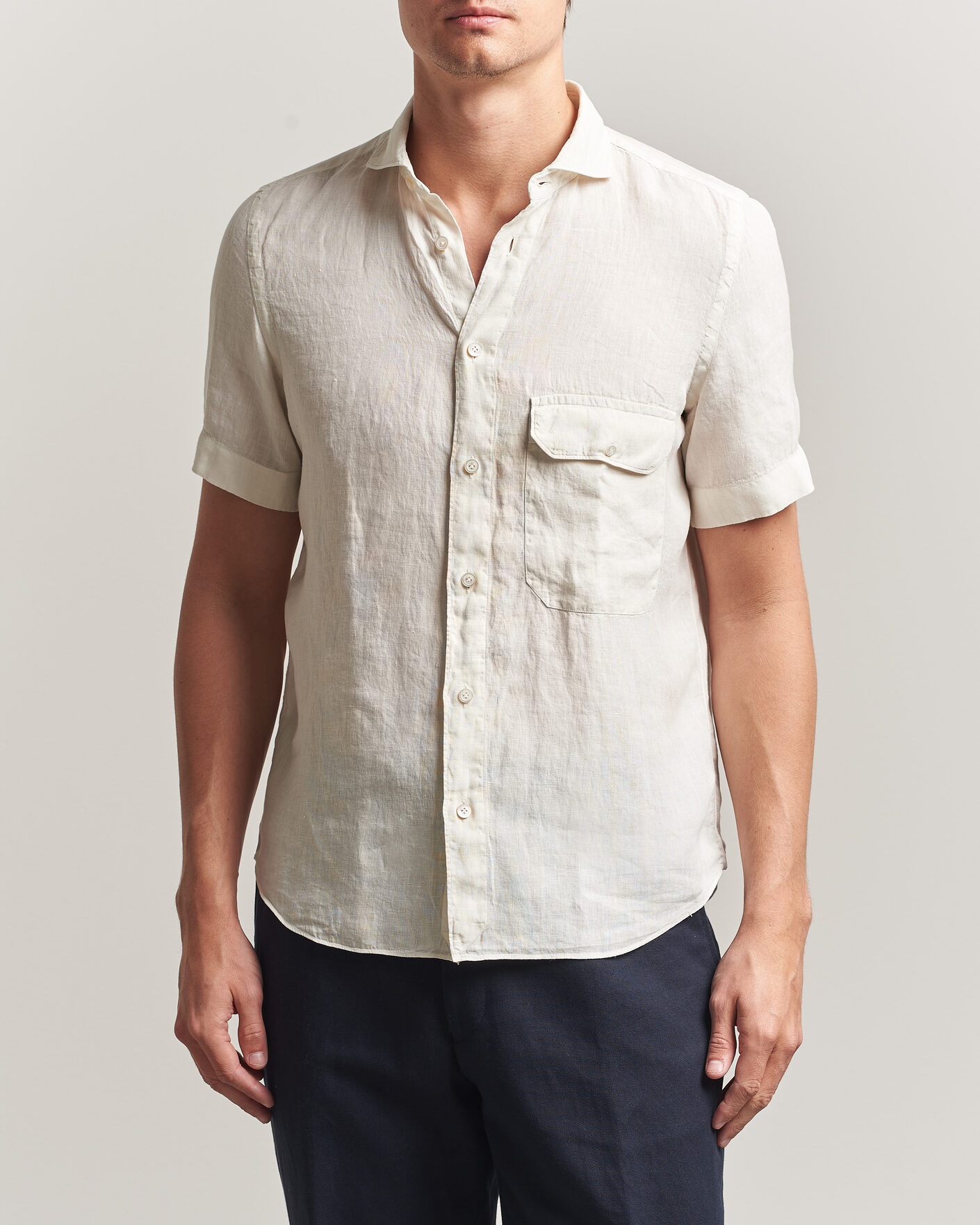 Herr | Skjortor | Finamore Napoli | Linen Short Sleeve Sport Shirt Off White