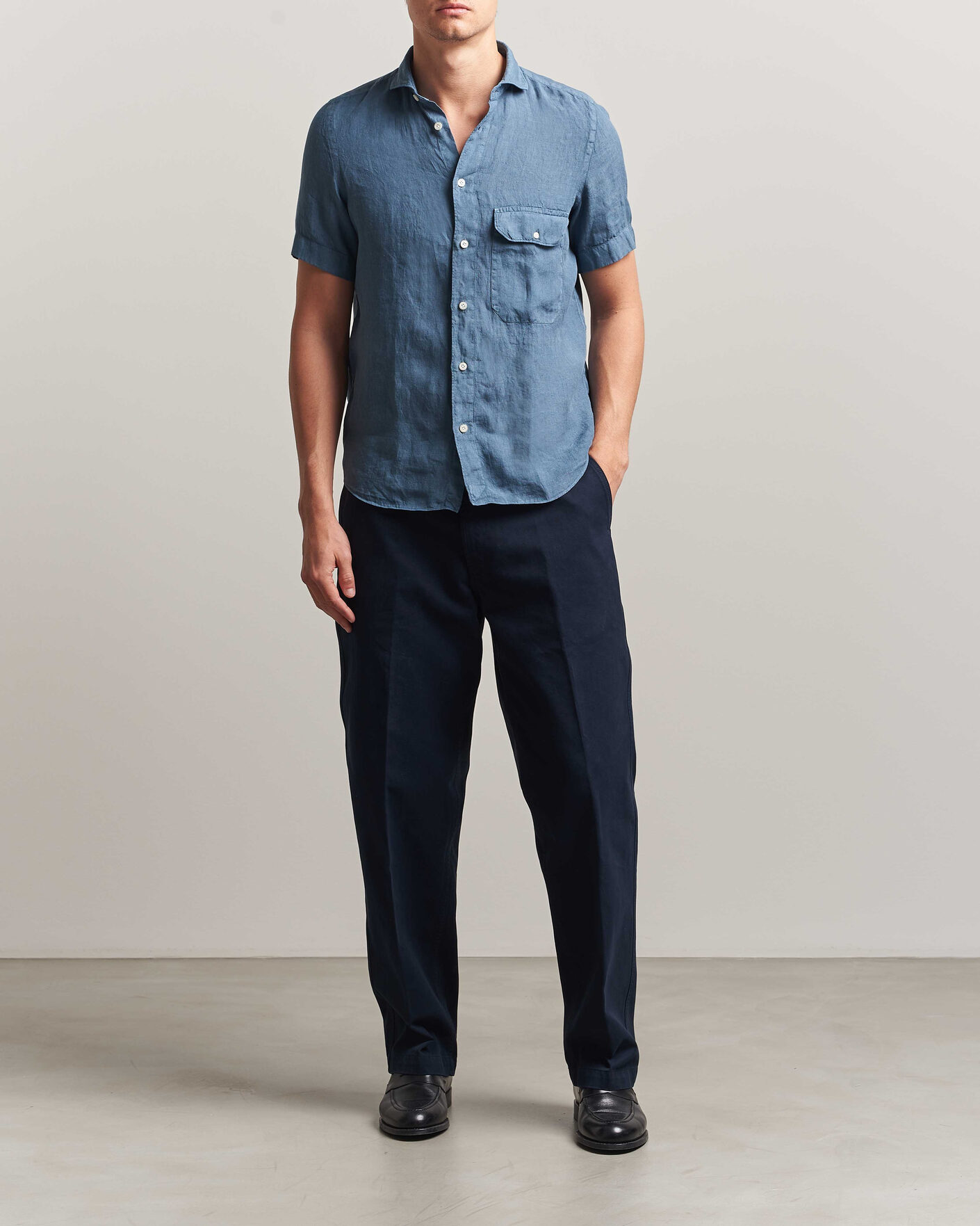 Herr | Skjortor | Finamore Napoli | Linen Short Sleeve Sport Shirt Dark Blue