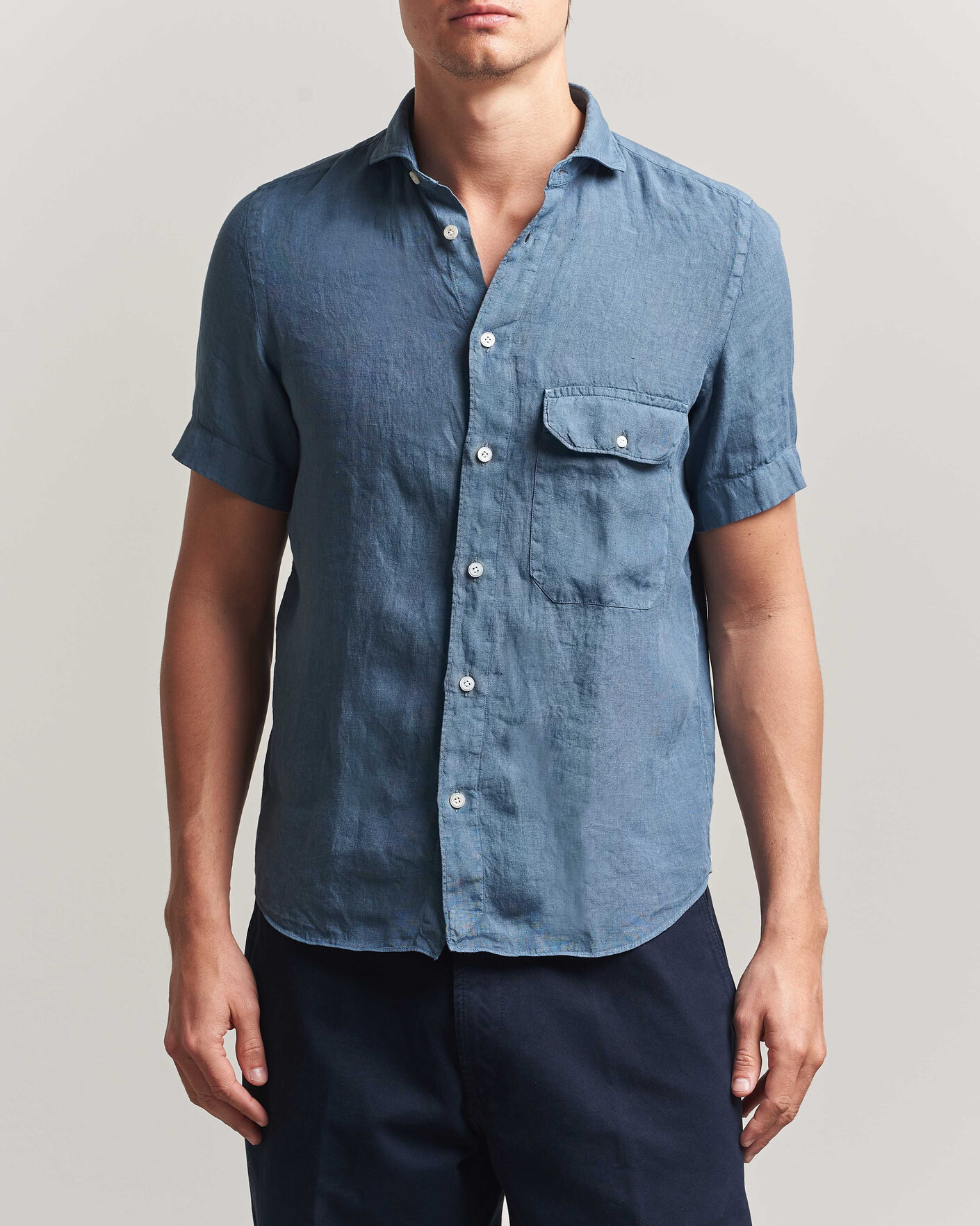 Herr | Skjortor | Finamore Napoli | Linen Short Sleeve Sport Shirt Dark Blue