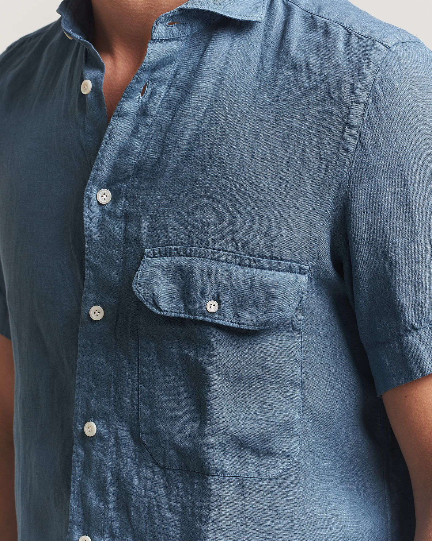 Herr | Skjortor | Finamore Napoli | Linen Short Sleeve Sport Shirt Dark Blue