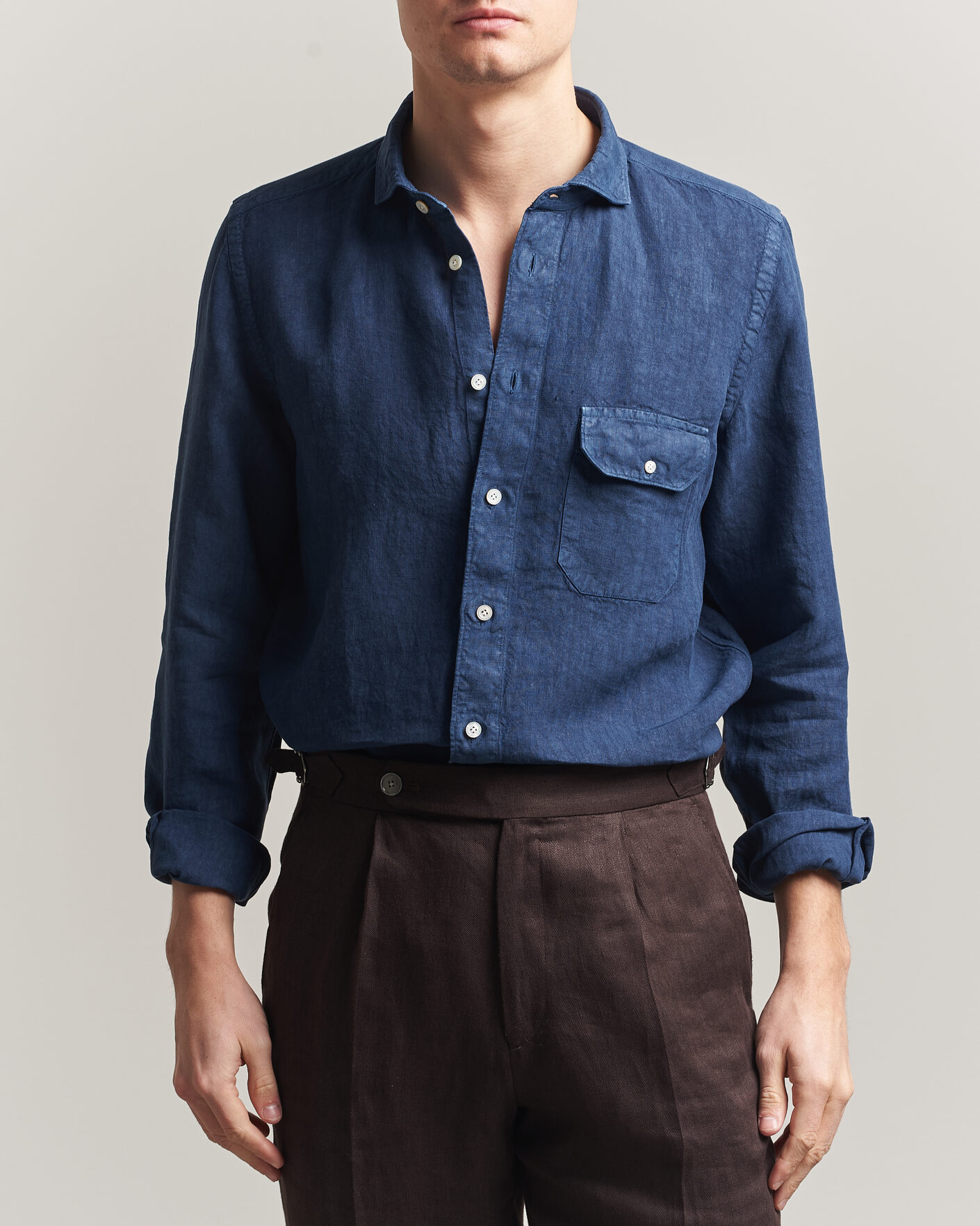 Herr | Skjortor | Finamore Napoli | Salina Garment Dyed Linen Overshirt Navy