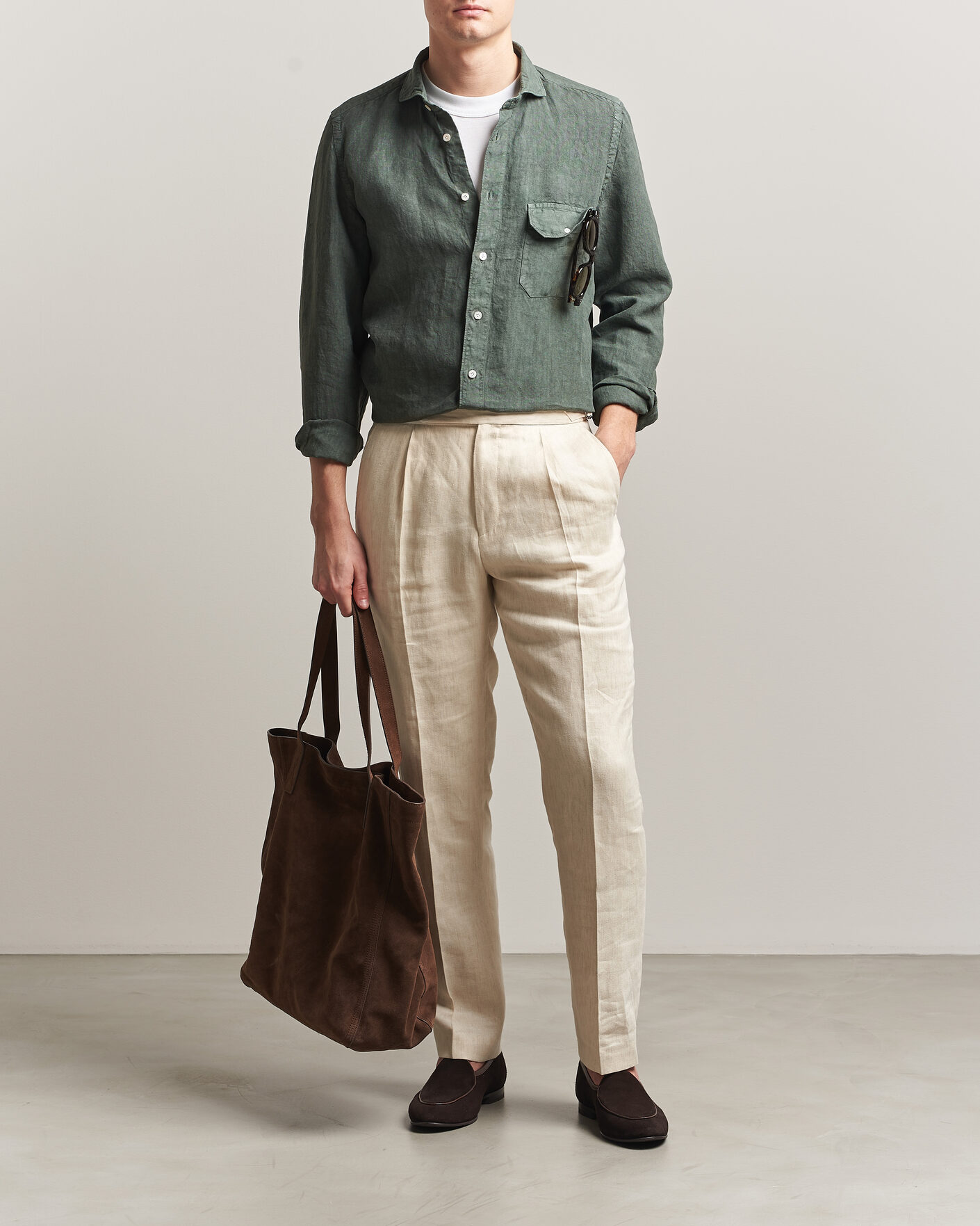 Herr | Skjortor | Finamore Napoli | Salina Garment Dyed Linen Overshirt Dark Green