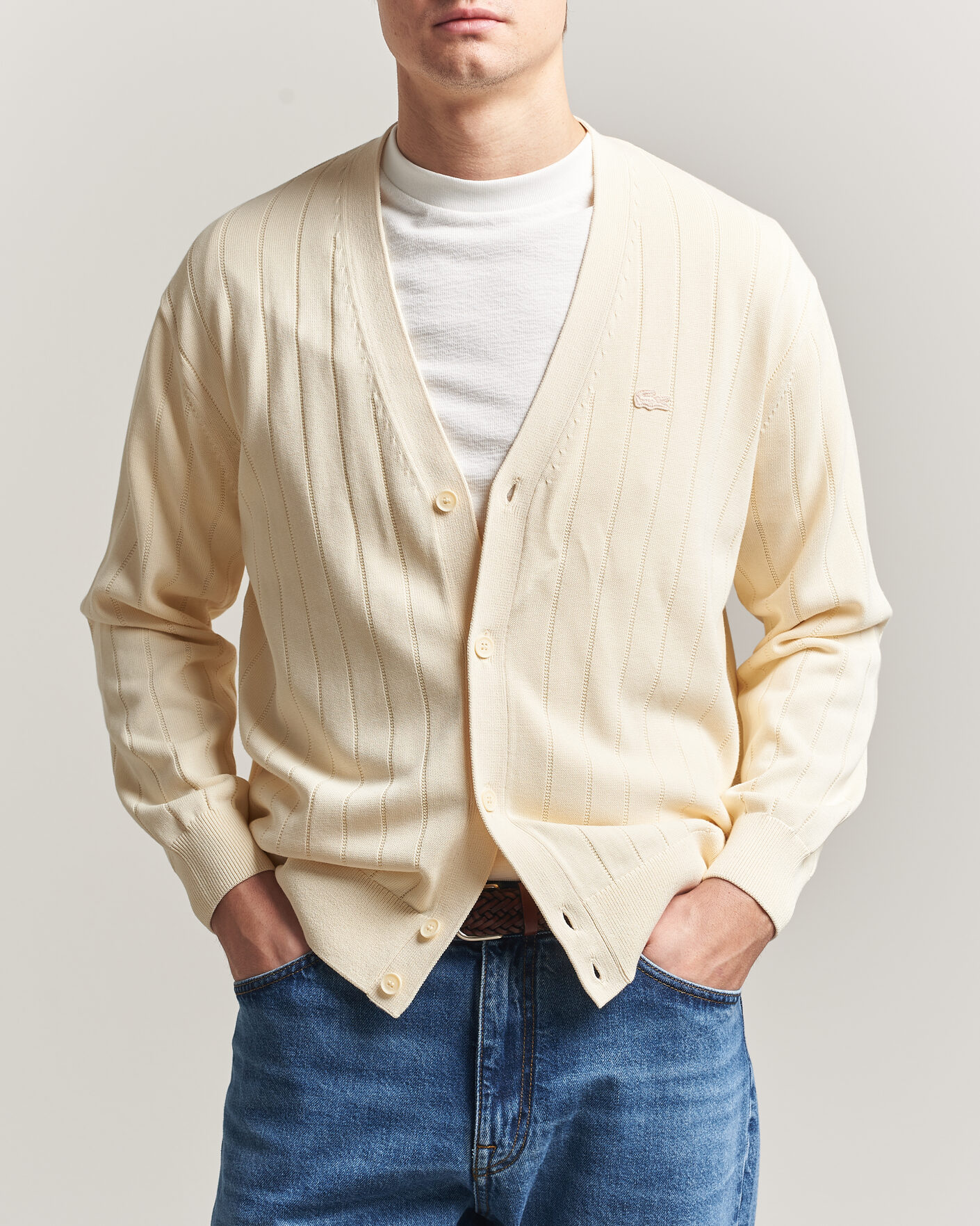 Herr | Tröjor | Lacoste | Cotton Structured Knitted Cardigan Naturel Clair