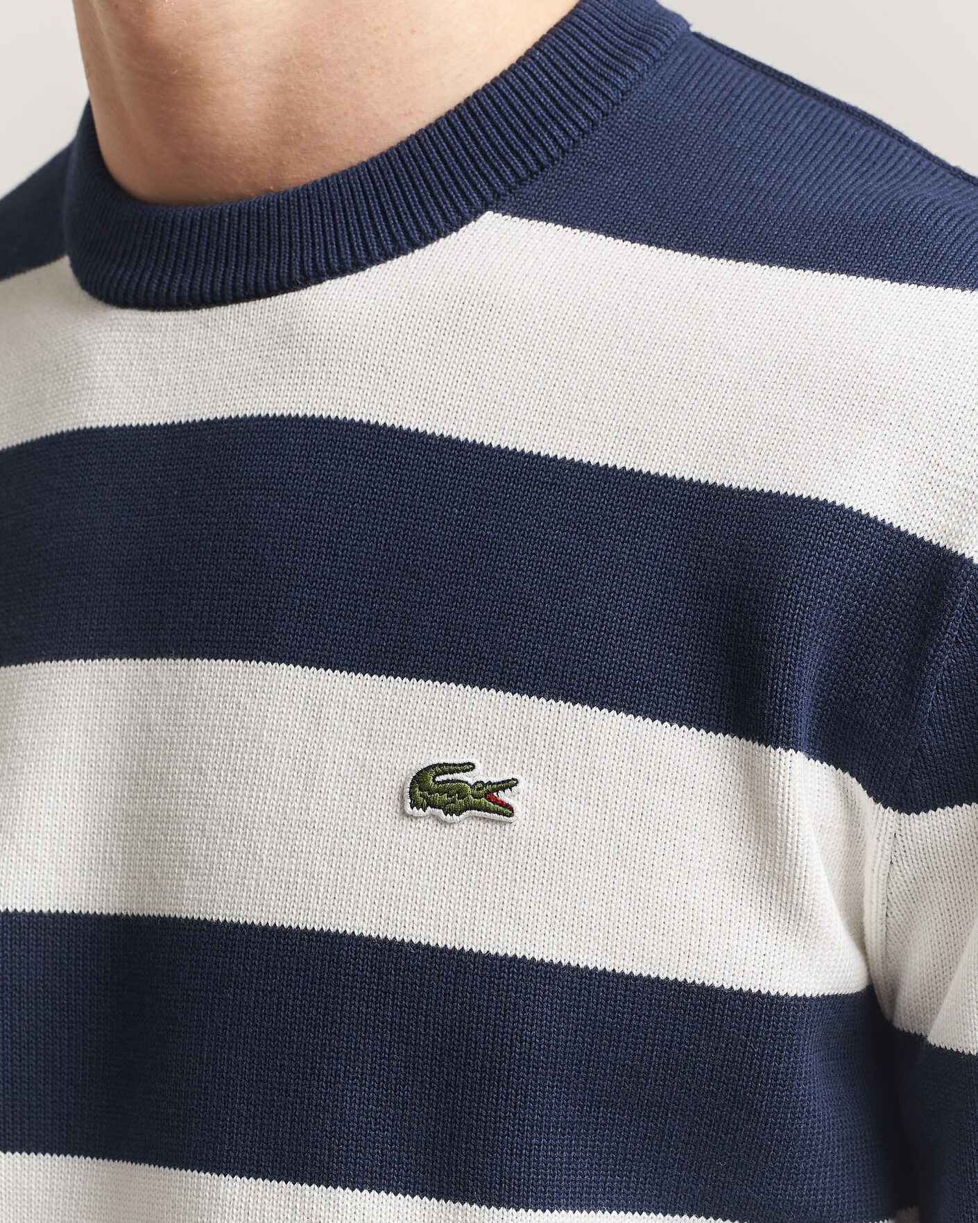 Herr | Tröjor | Lacoste | Cotton Knitted Striped Sweater Navy Blue/Flour