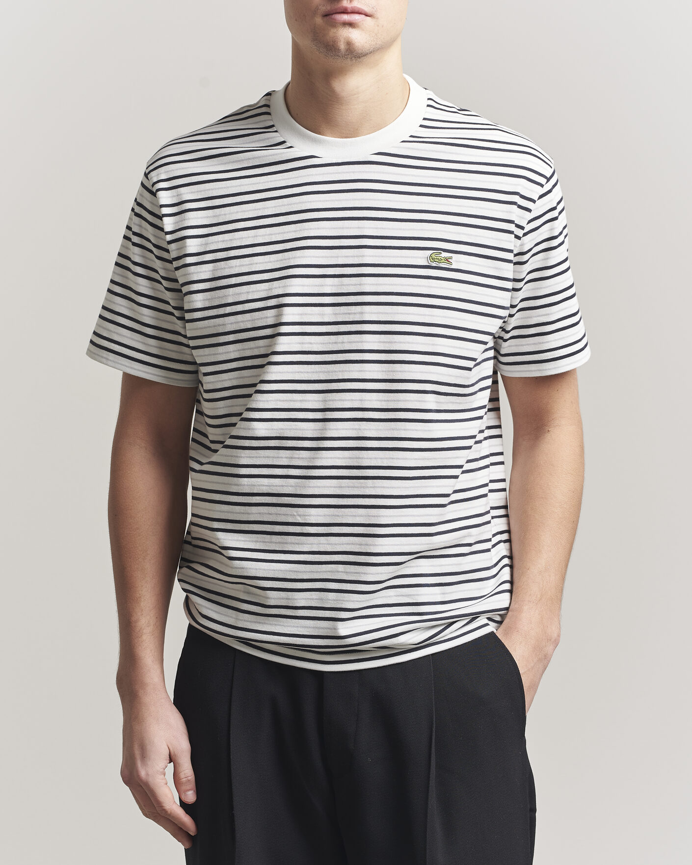 Herr | T-Shirts | Lacoste | Cotton Striped T-Shirt Blackbird/Flour