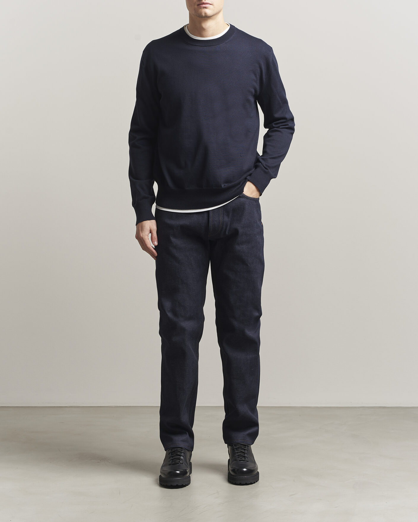 Herr | Tröjor | Jil Sander | Fine Cotton Contrast Pullover Navy