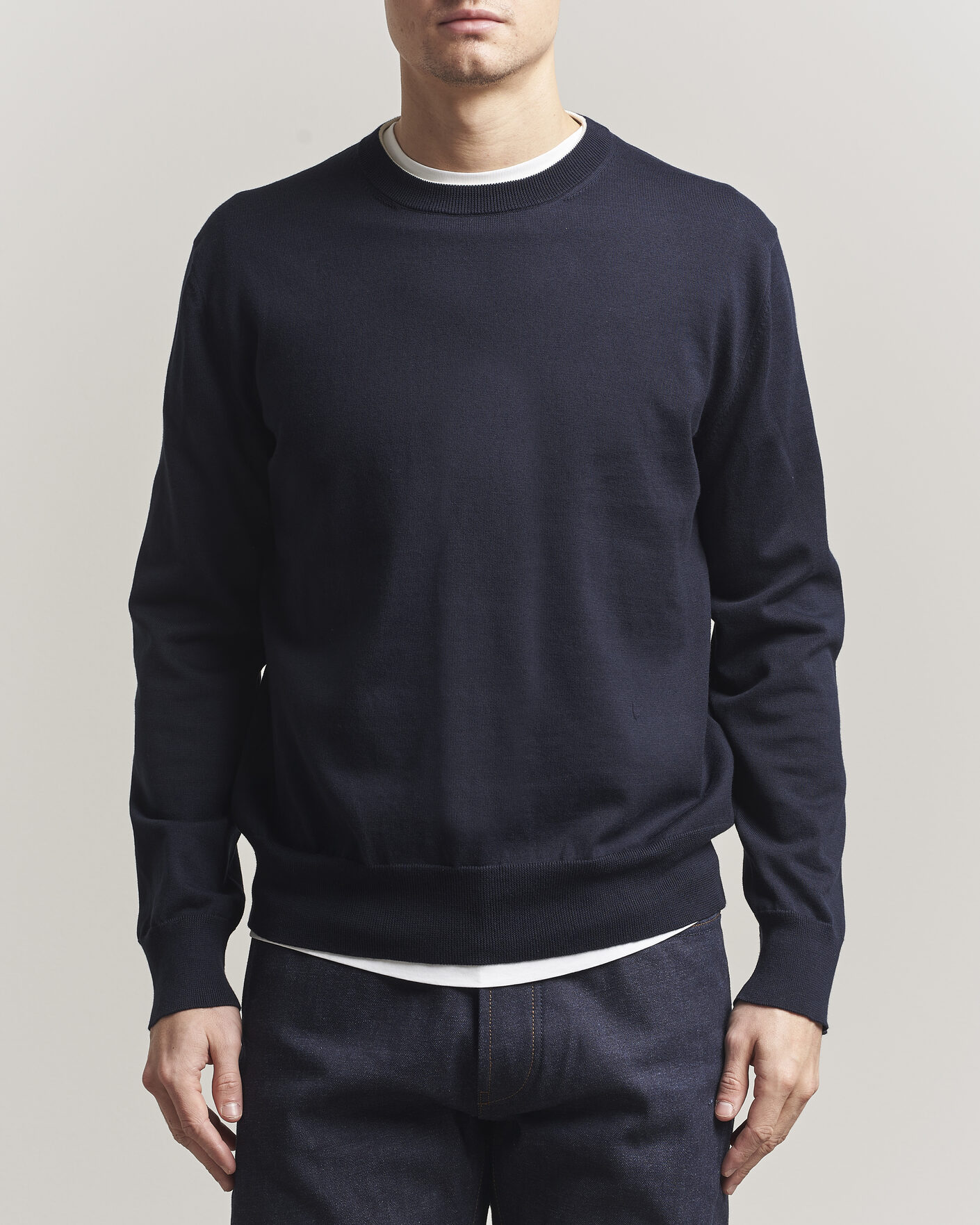 Herr | Tröjor | Jil Sander | Fine Cotton Contrast Pullover Navy