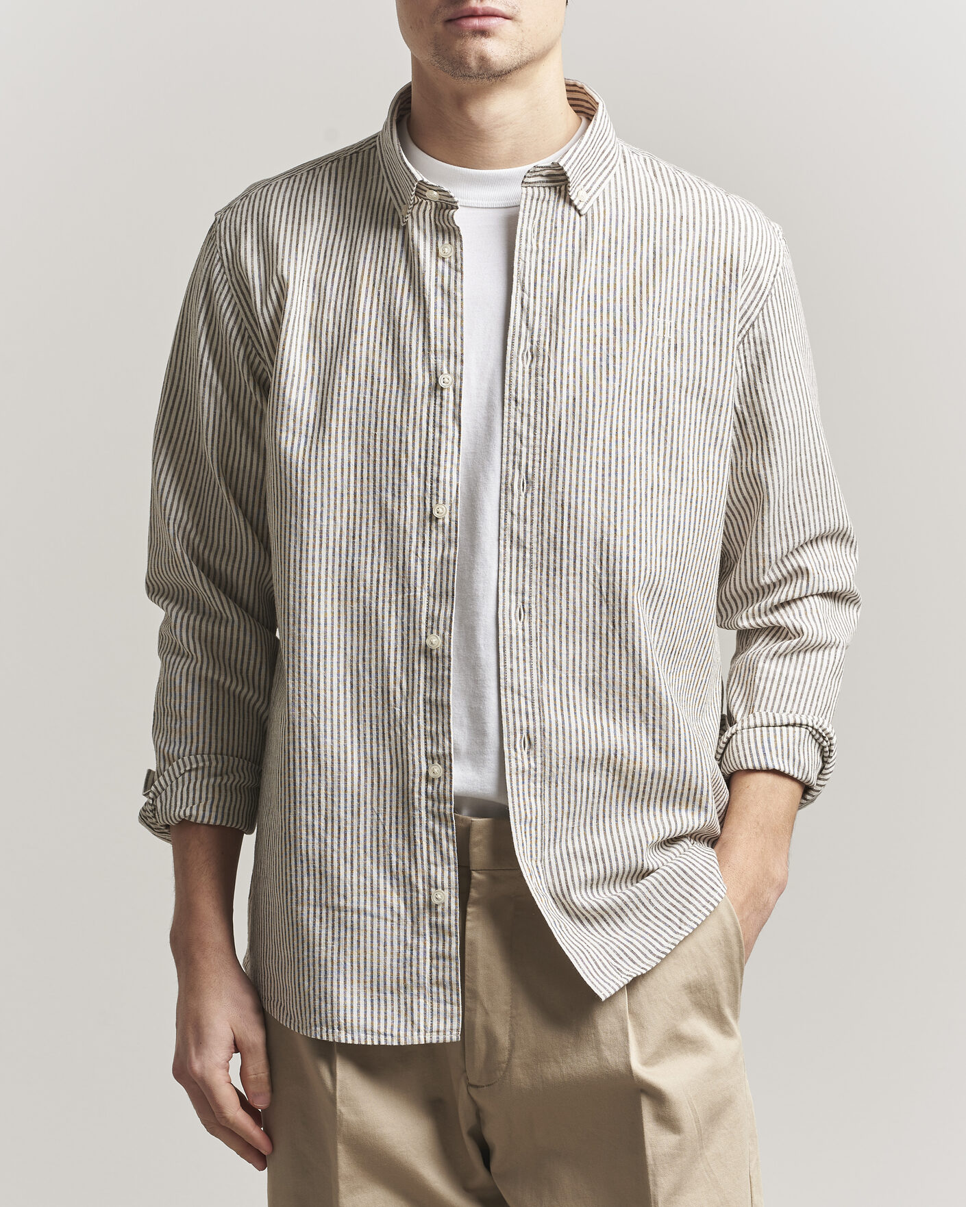 Herr | Skjortor | LES DEUX | Konrad Striped Cotton/Linen Shirt Teak Brown