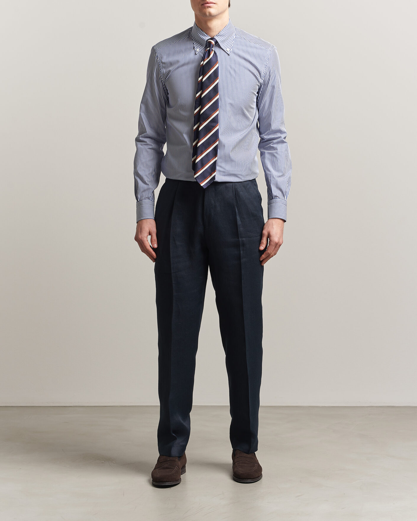 Herr | Skjortor | Mazzarelli | Soft Cotton Button Down Shirt Blue Stripe