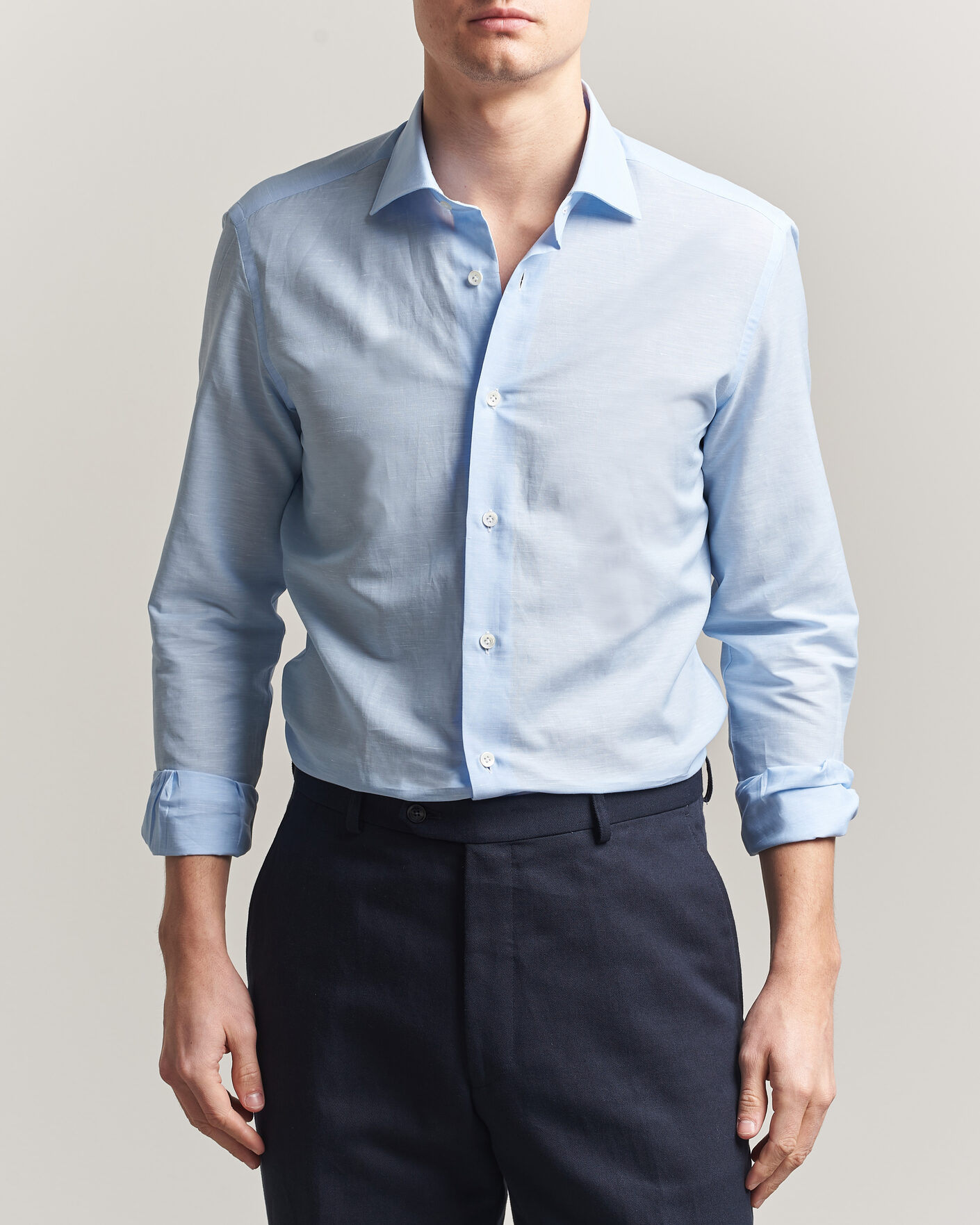Herr | Skjortor | Mazzarelli | Soft Cotton/Linen Shirt Light Blue
