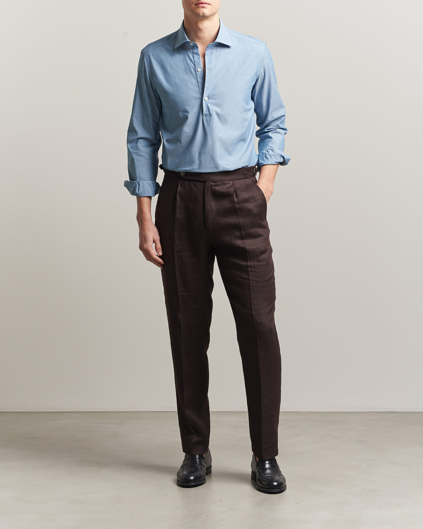 Herr | Skjortor | Mazzarelli | Soft Cotton Denim Popover Shirt Blue