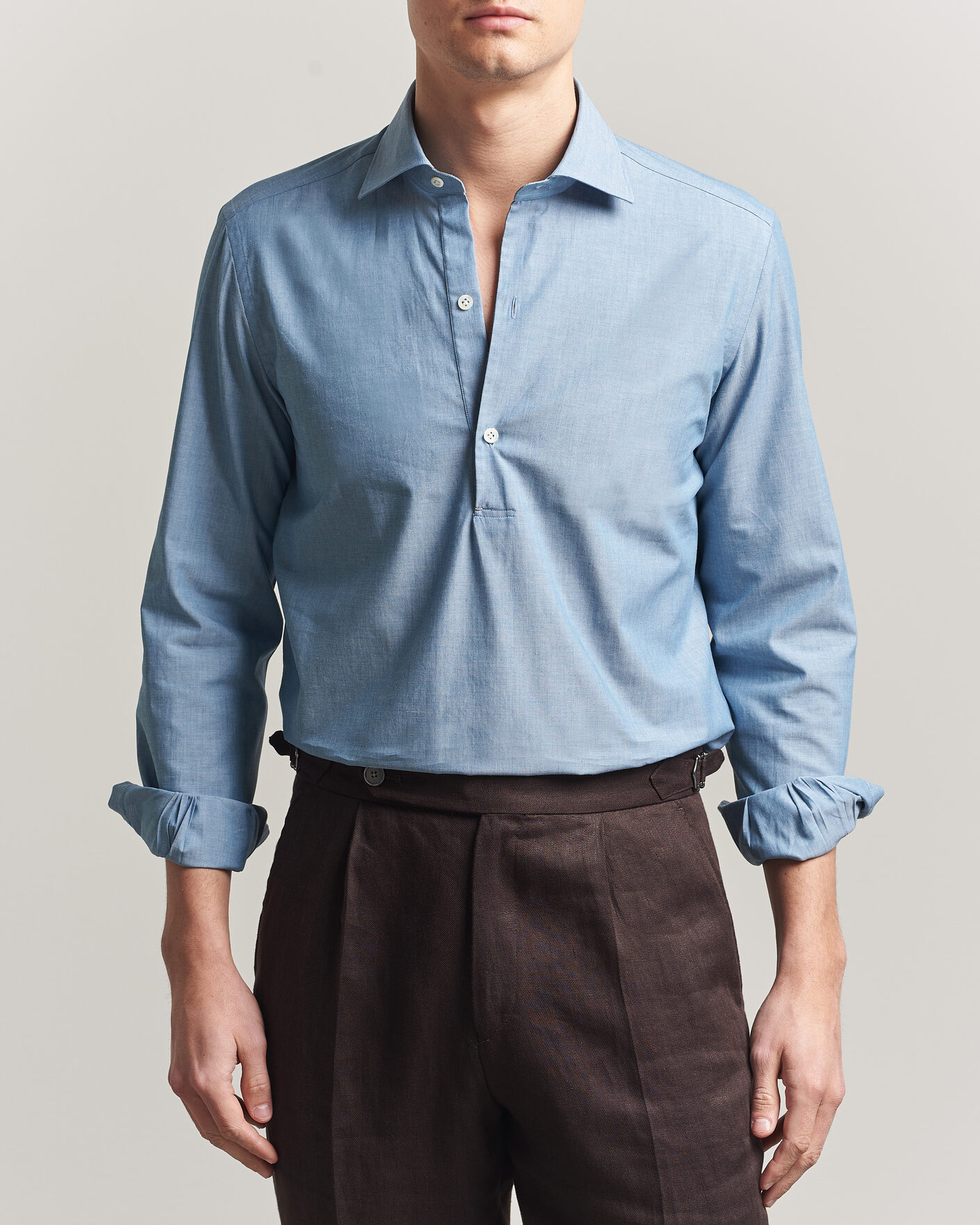 Herr | Skjortor | Mazzarelli | Soft Cotton Denim Popover Shirt Blue