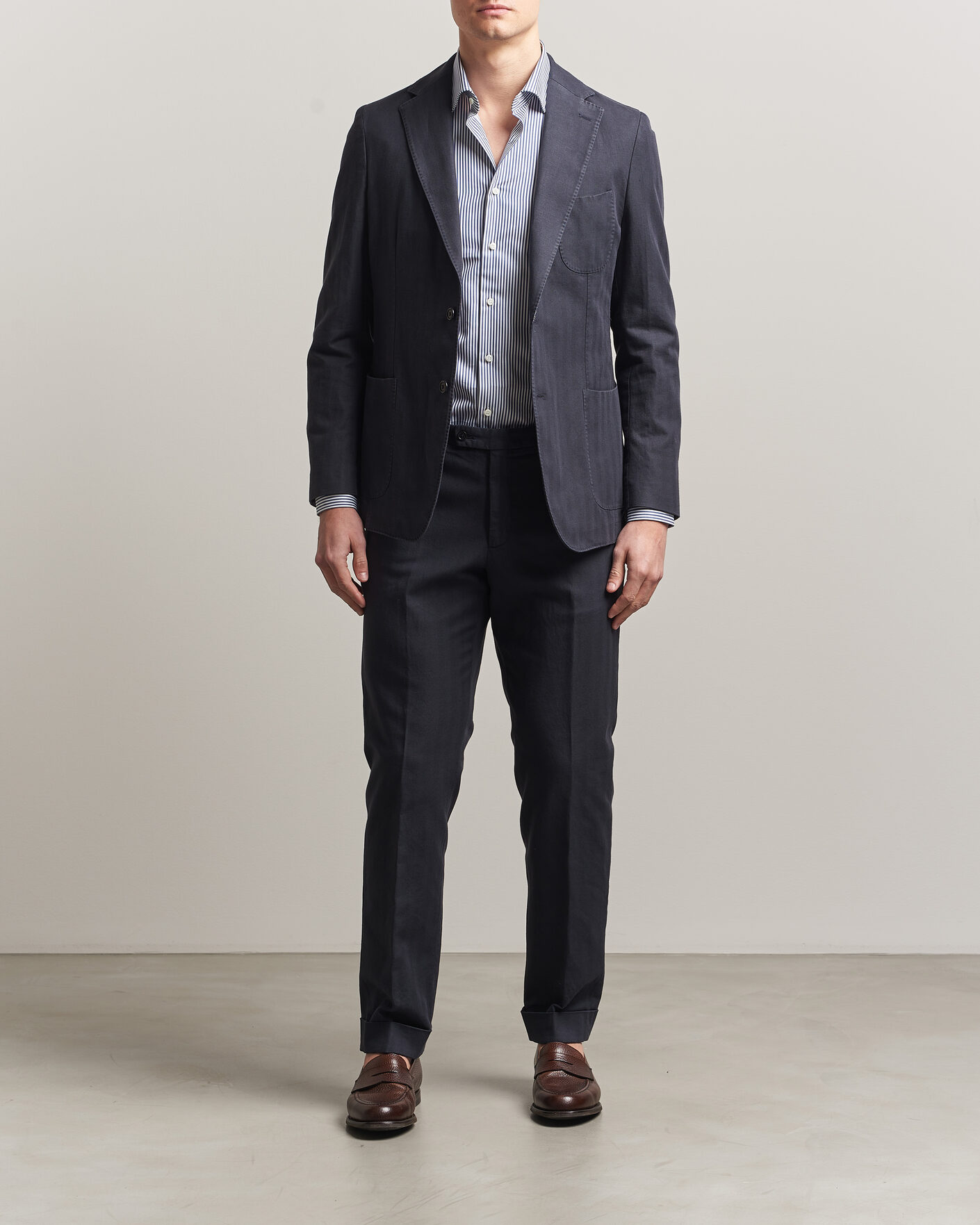 Herr | Byxor | Morris | Jack Herringbone Cotton Trousers Blue