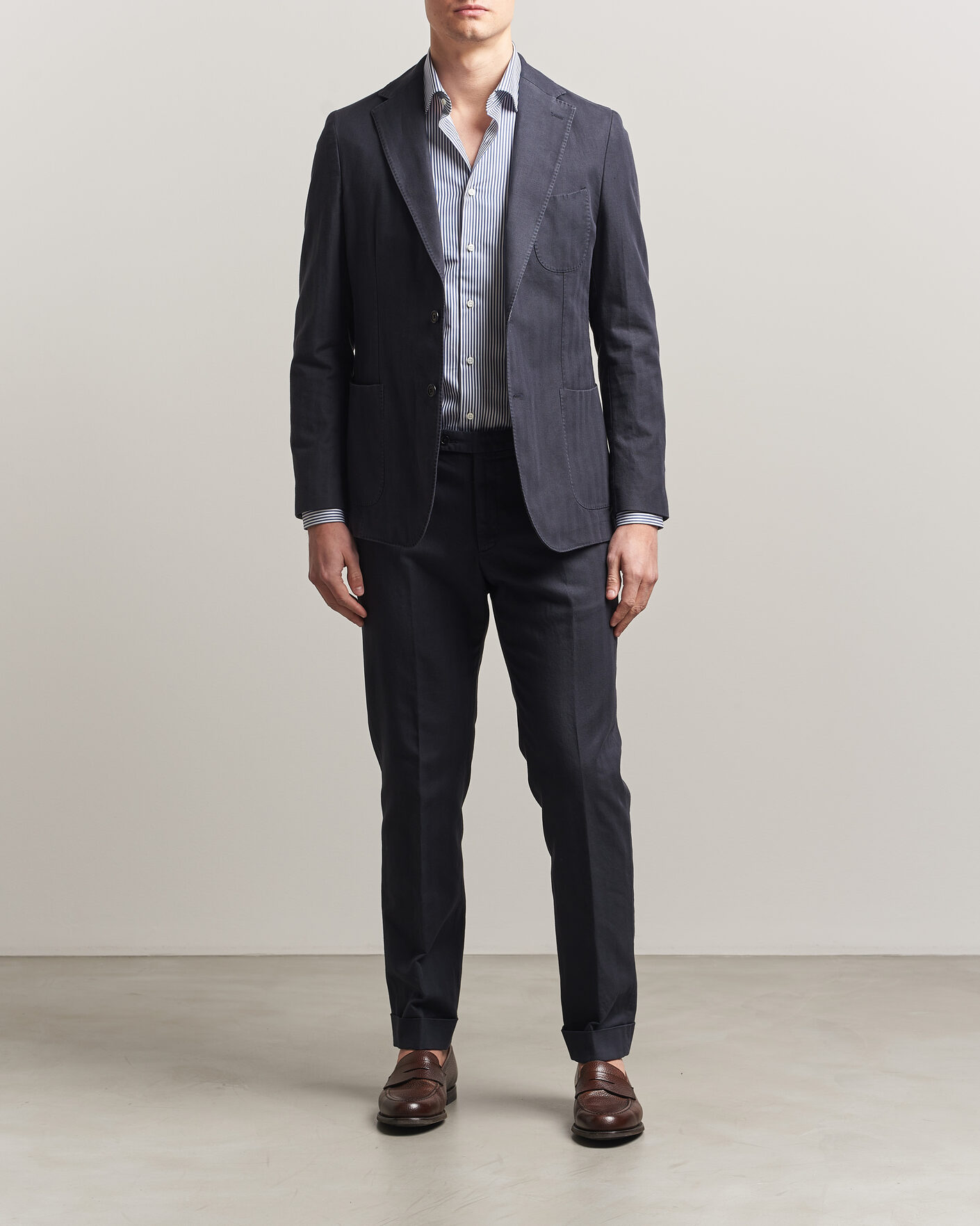 Herr | Kavajer | Morris | Washed Cotton Herringbone Blazer Navy