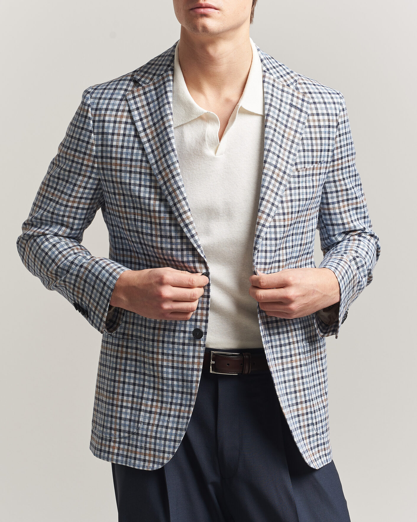 Herr | Kavajer | Morris | Linen Cotton Checked Blazer Blue