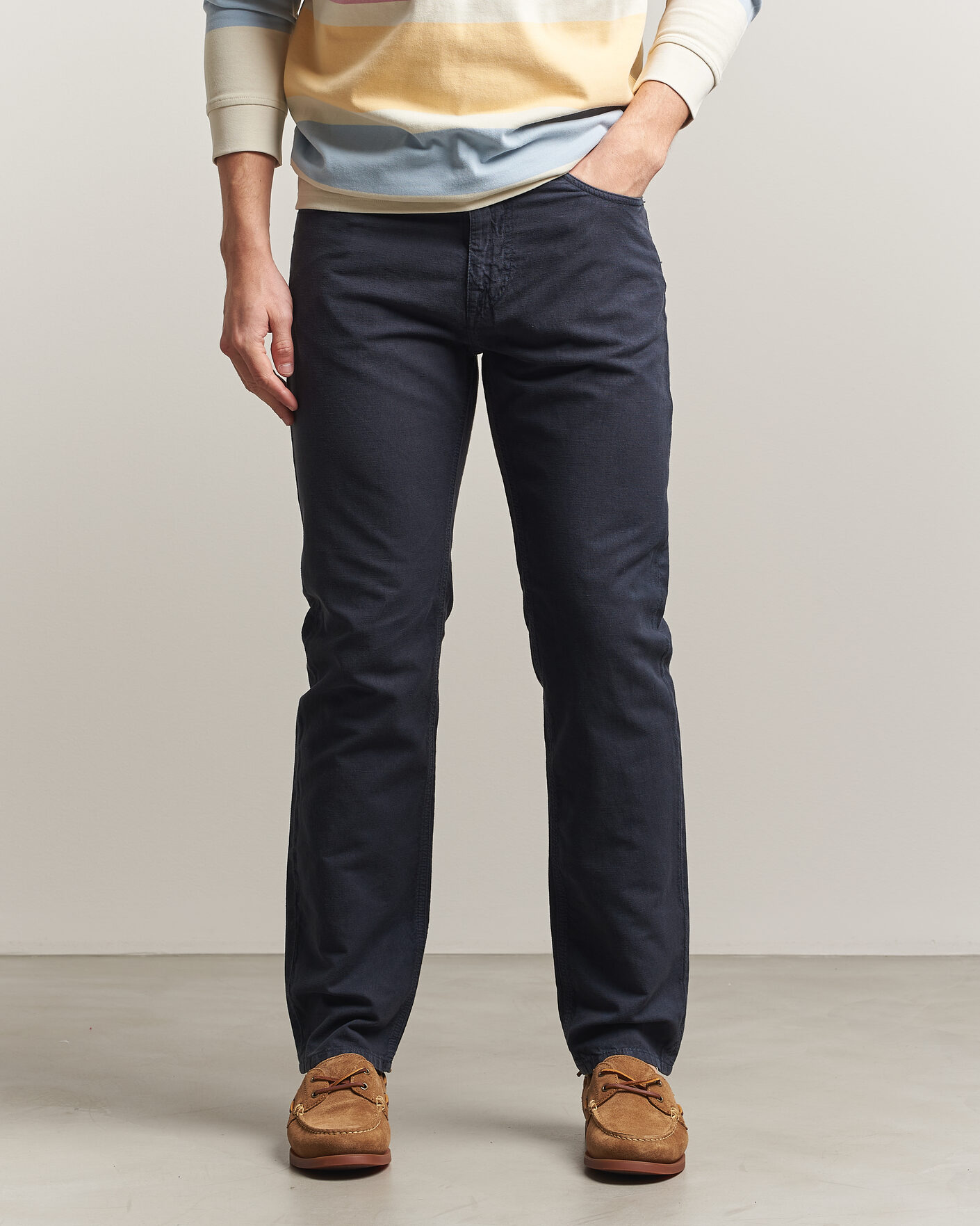 Herr | Byxor | Morris | James Washed Linen 5-Pocket Pants Dark Blue