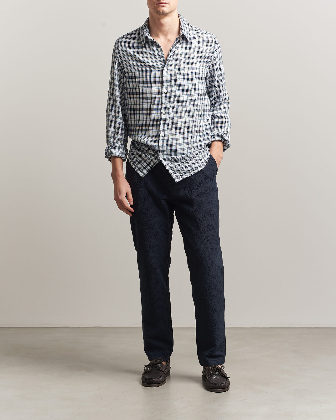 Herr | Byxor | Morris | Fenix Seersucker Trousers Dark Blue