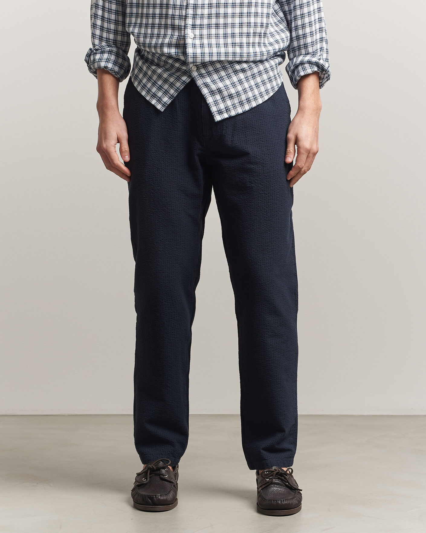 Herr | Byxor | Morris | Fenix Seersucker Trousers Dark Blue