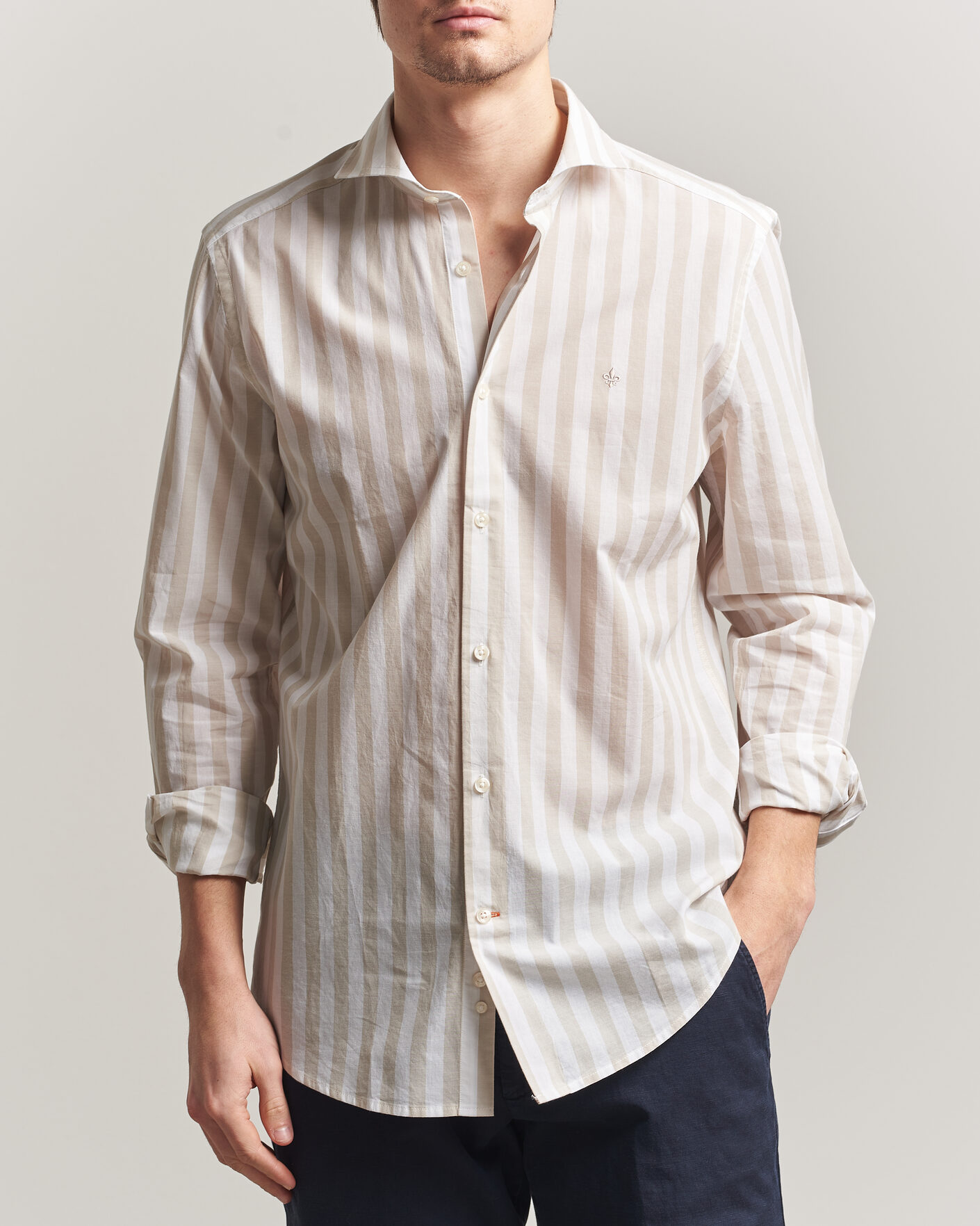Herr | Skjortor | Morris | Summer Striped Lighweight Shirt Khaki/White