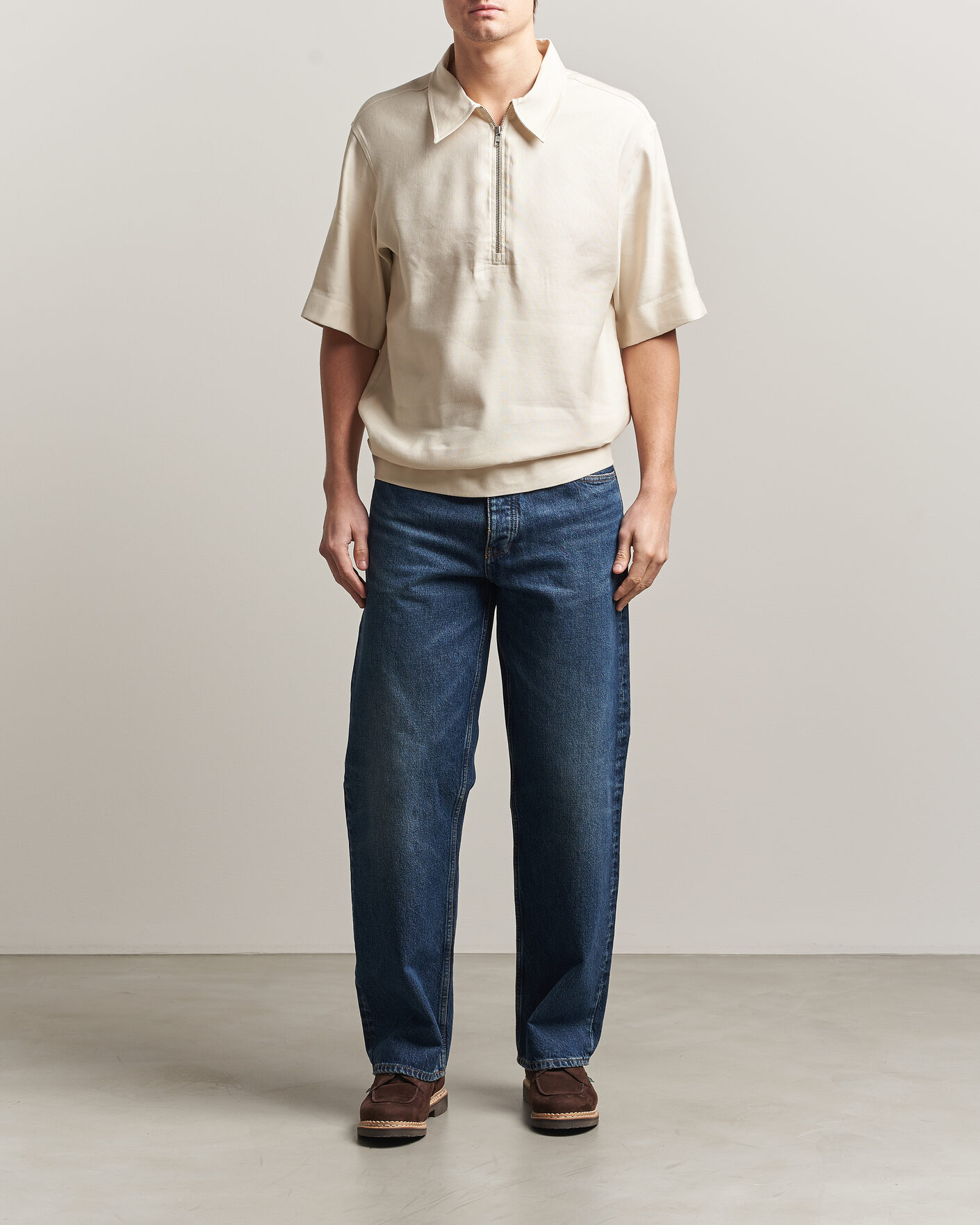 Herr | Pikéer | NN07 | Bruno Linen/Viscose Half Zip Polo Ivory