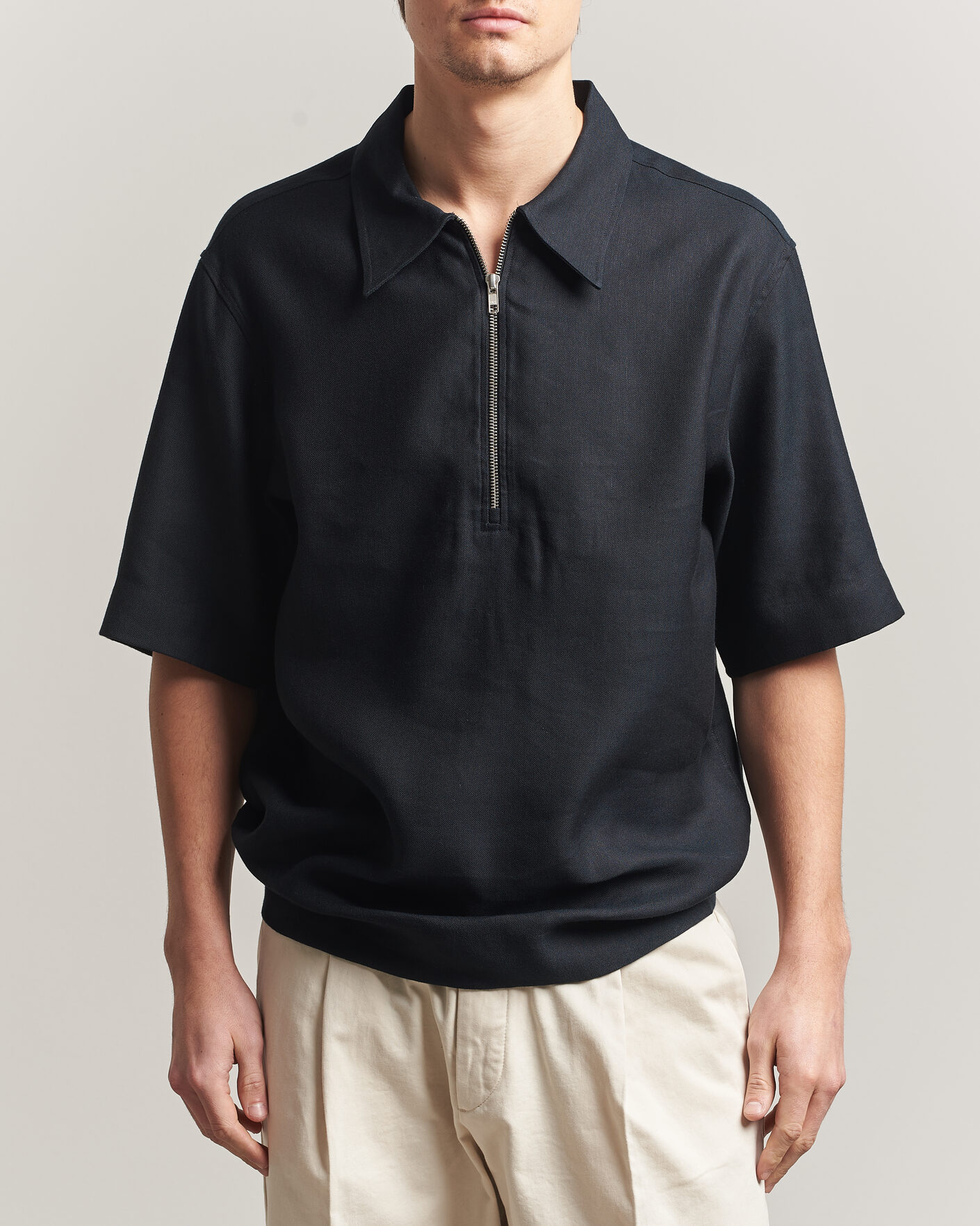 Herr | Pikéer | NN07 | Bruno Linen/Viscose Half Zip Polo Black