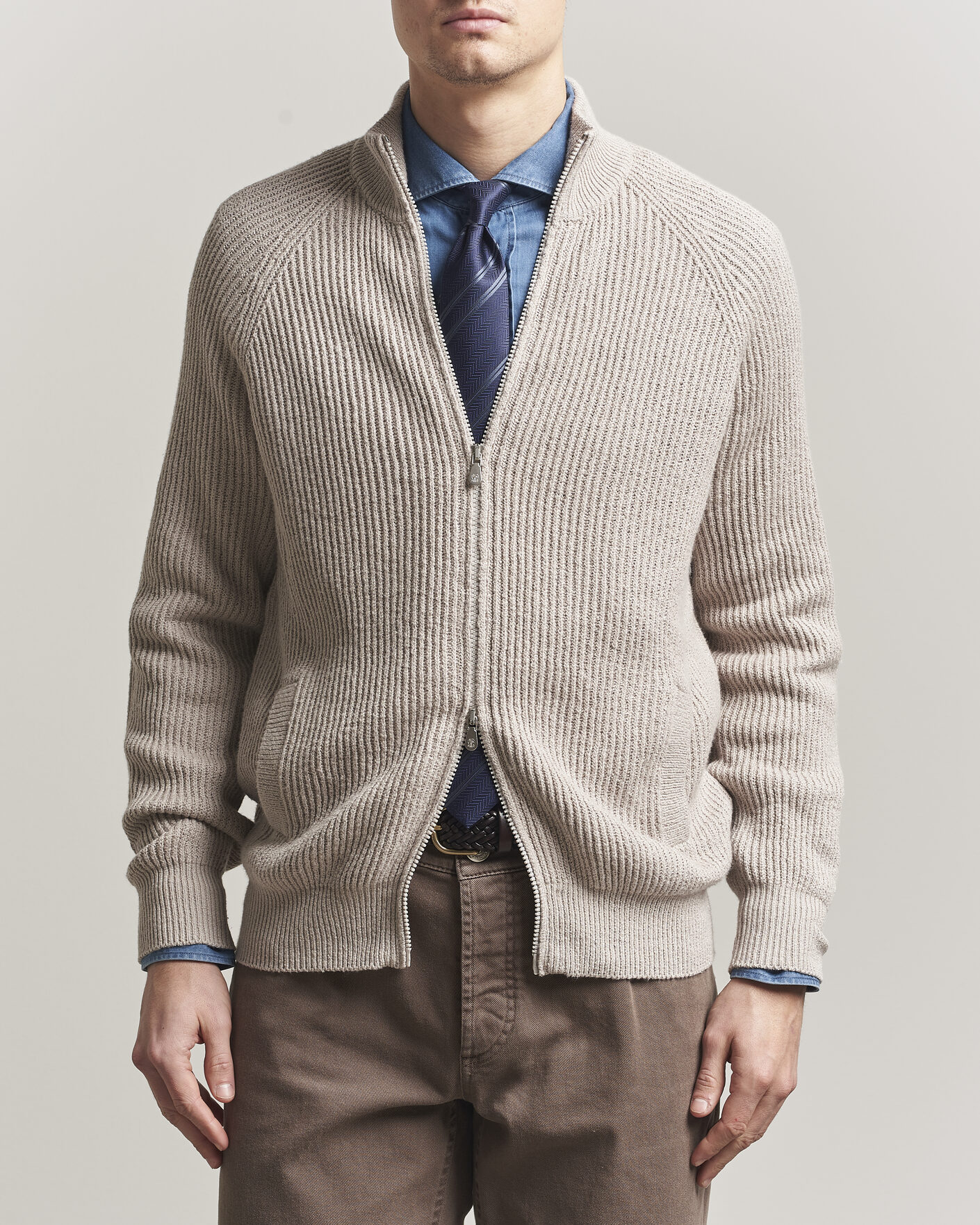 Herr | Tröjor | Brunello Cucinelli | Heavy Cotton Rib Zip Cardigan Beige