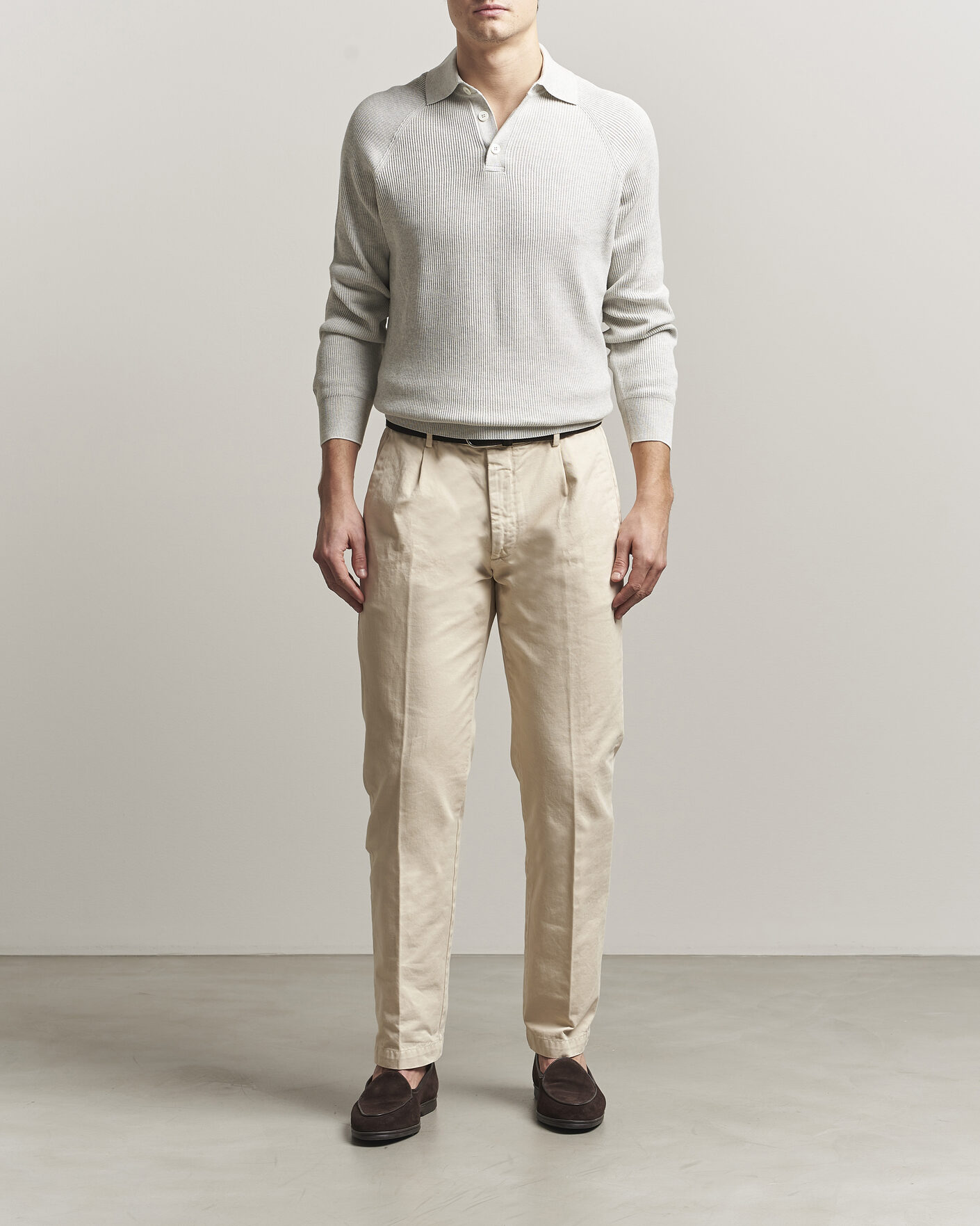 Herr | Tröjor | Brunello Cucinelli | Cotton Rib Knitted Long Sleeve Polo Light Grey