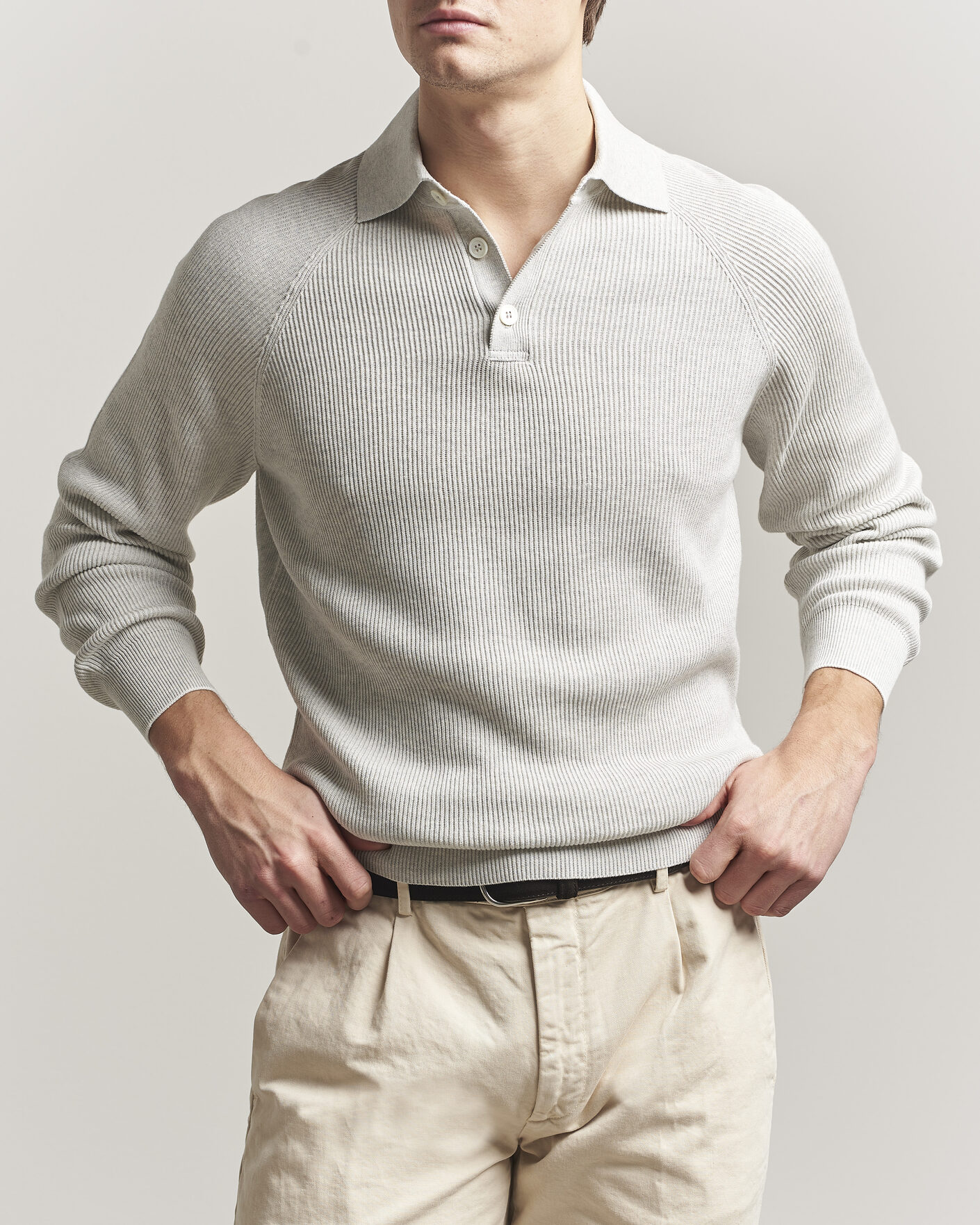 Herr | Tröjor | Brunello Cucinelli | Cotton Rib Knitted Long Sleeve Polo Light Grey