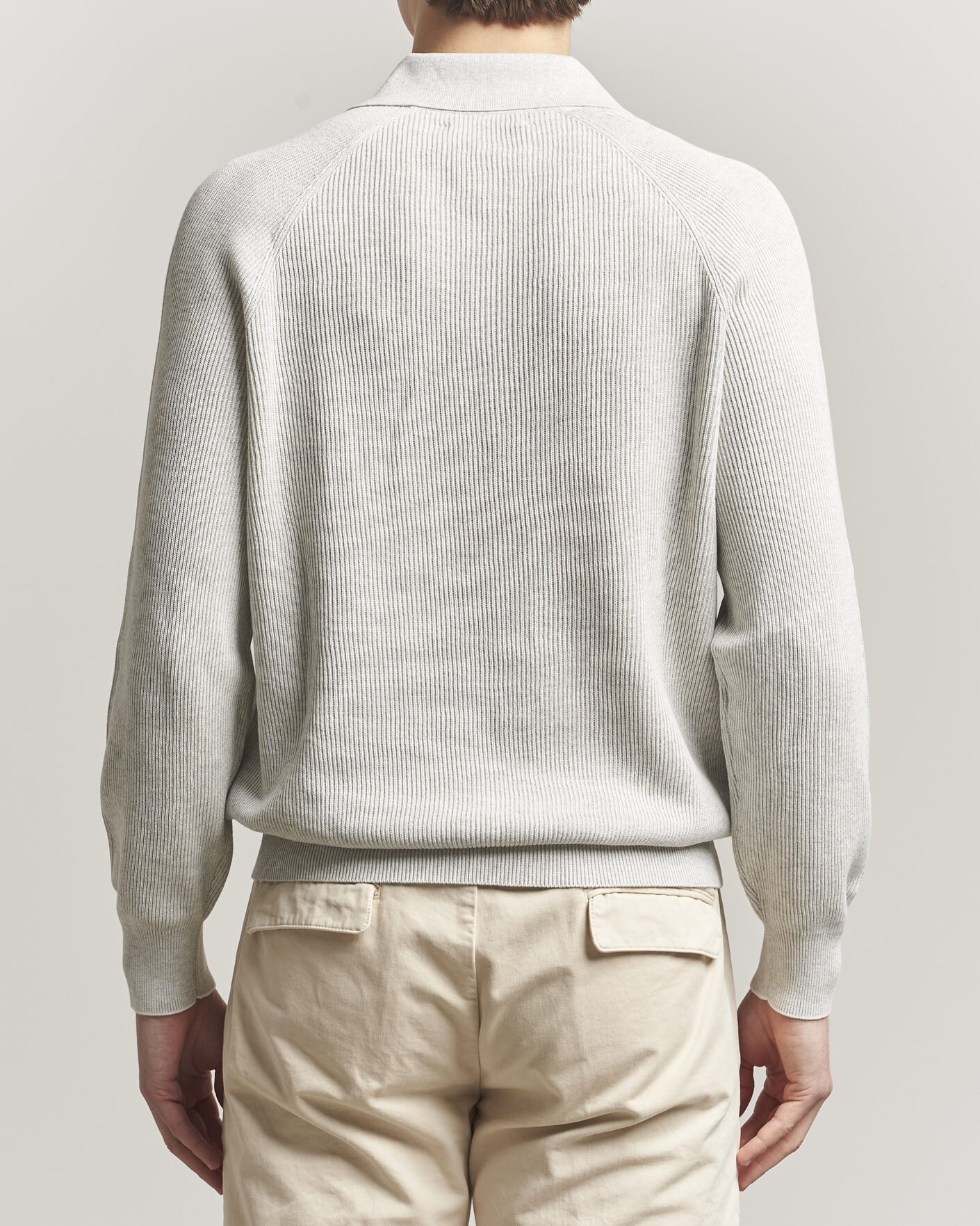 Herr | Tröjor | Brunello Cucinelli | Cotton Rib Knitted Long Sleeve Polo Light Grey
