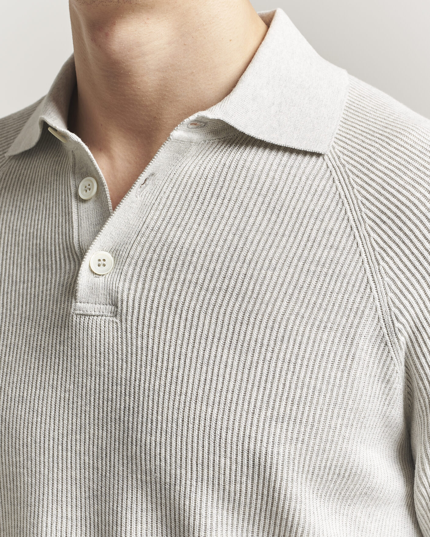 Herr | Tröjor | Brunello Cucinelli | Cotton Rib Knitted Long Sleeve Polo Light Grey