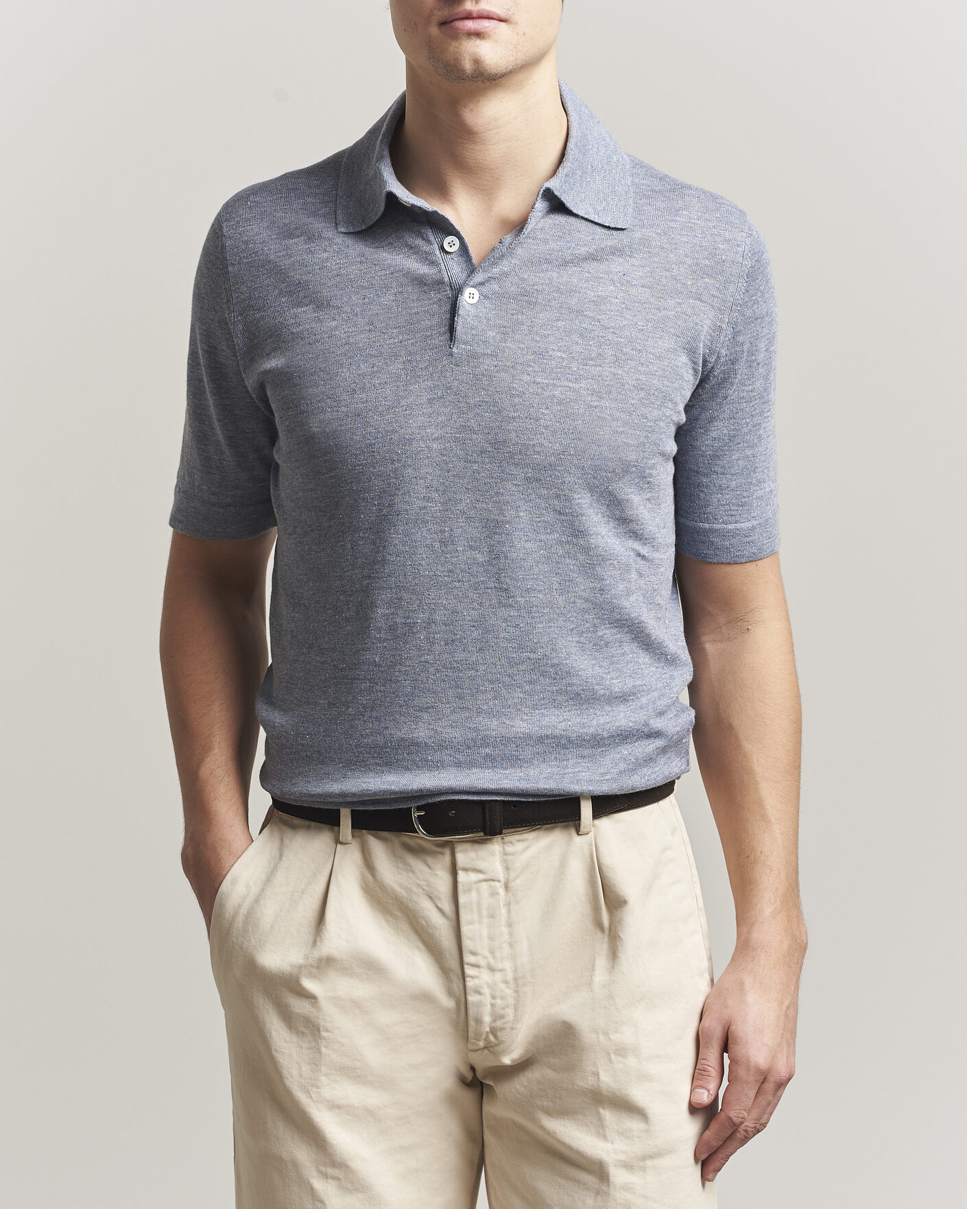 Herr | Pikéer | Brunello Cucinelli | Linen Knitted Polo Light Blue