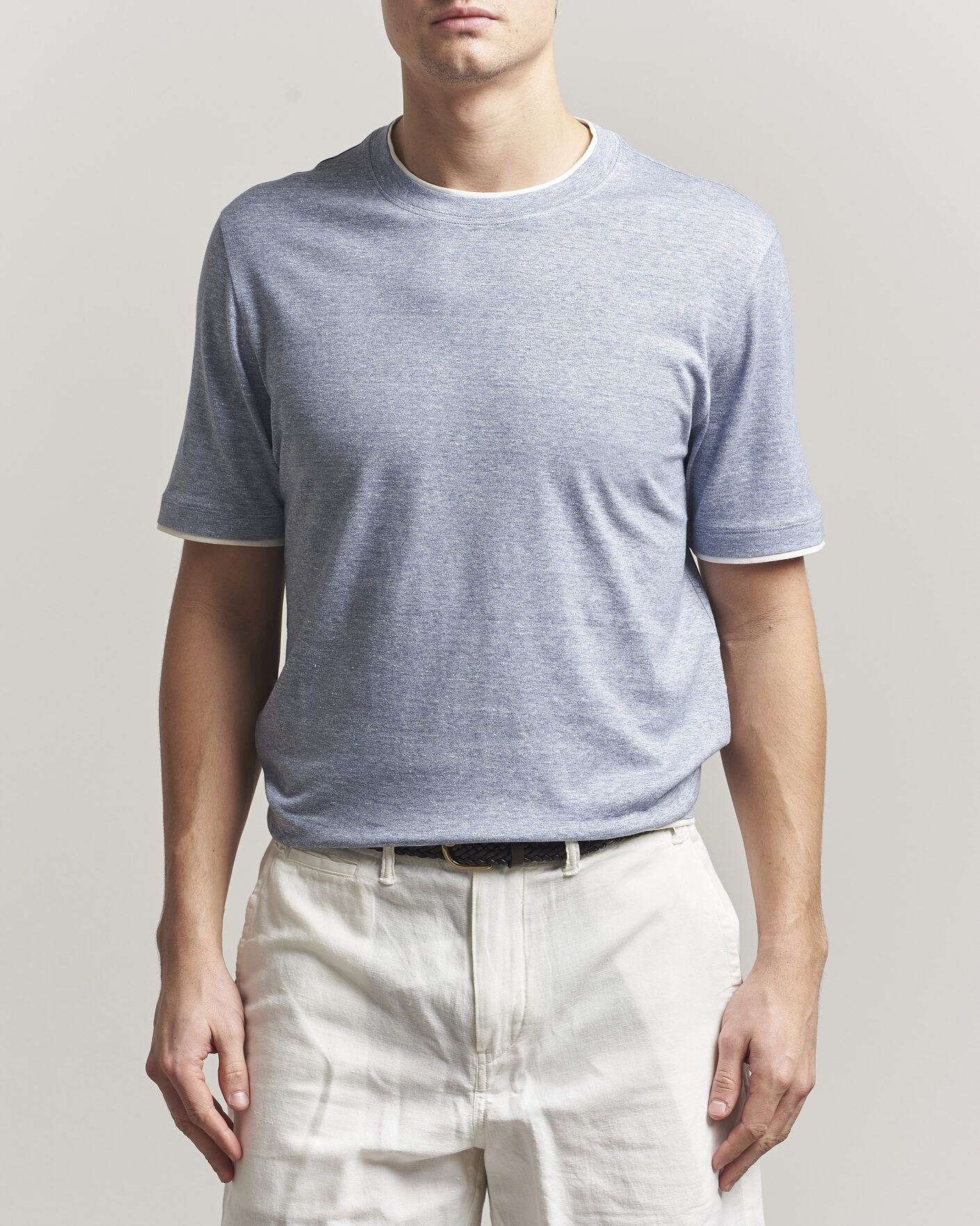 Herr | T-Shirts | Brunello Cucinelli | Double Collar Linen T-Shirt Light Blue