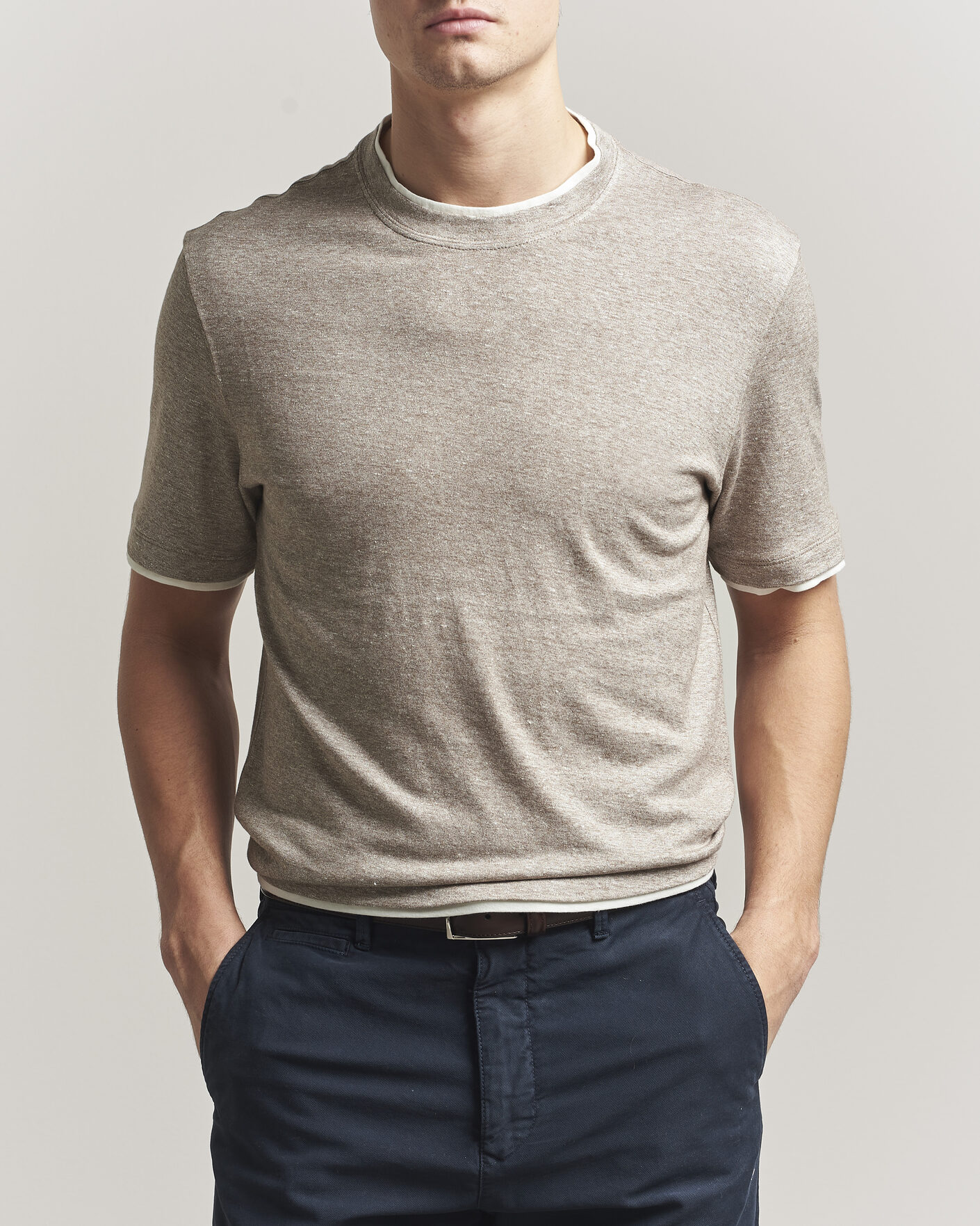 Herr | T-Shirts | Brunello Cucinelli | Double Collar Linen T-Shirt Brown