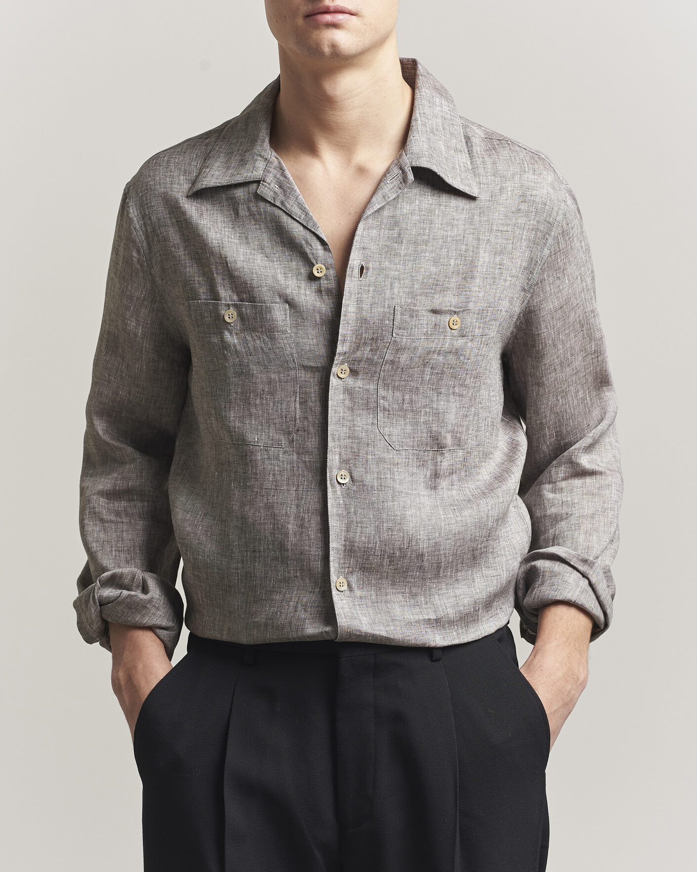 Herr | Skjortor | Brunello Cucinelli | Linen Double Pocket Camp Shirt Brown