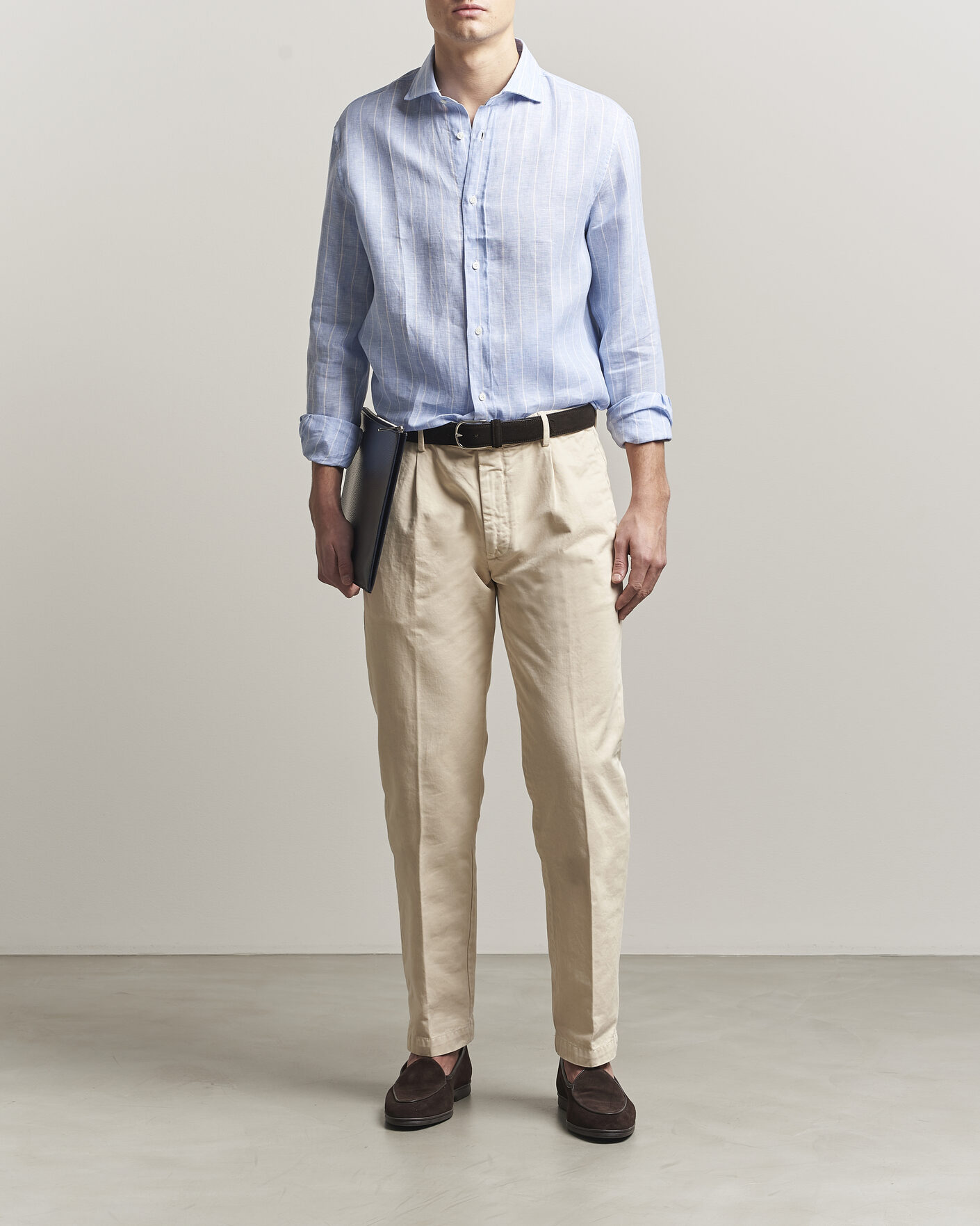 Herr | Skjortor | Brunello Cucinelli | Easy Fit Linen Shirt Light Blue Stripe
