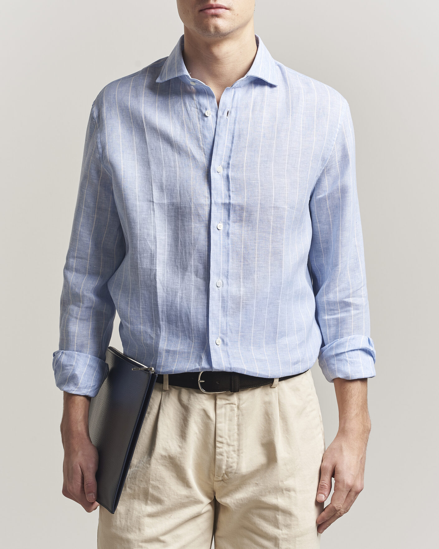 Herr | Skjortor | Brunello Cucinelli | Easy Fit Linen Shirt Light Blue Stripe