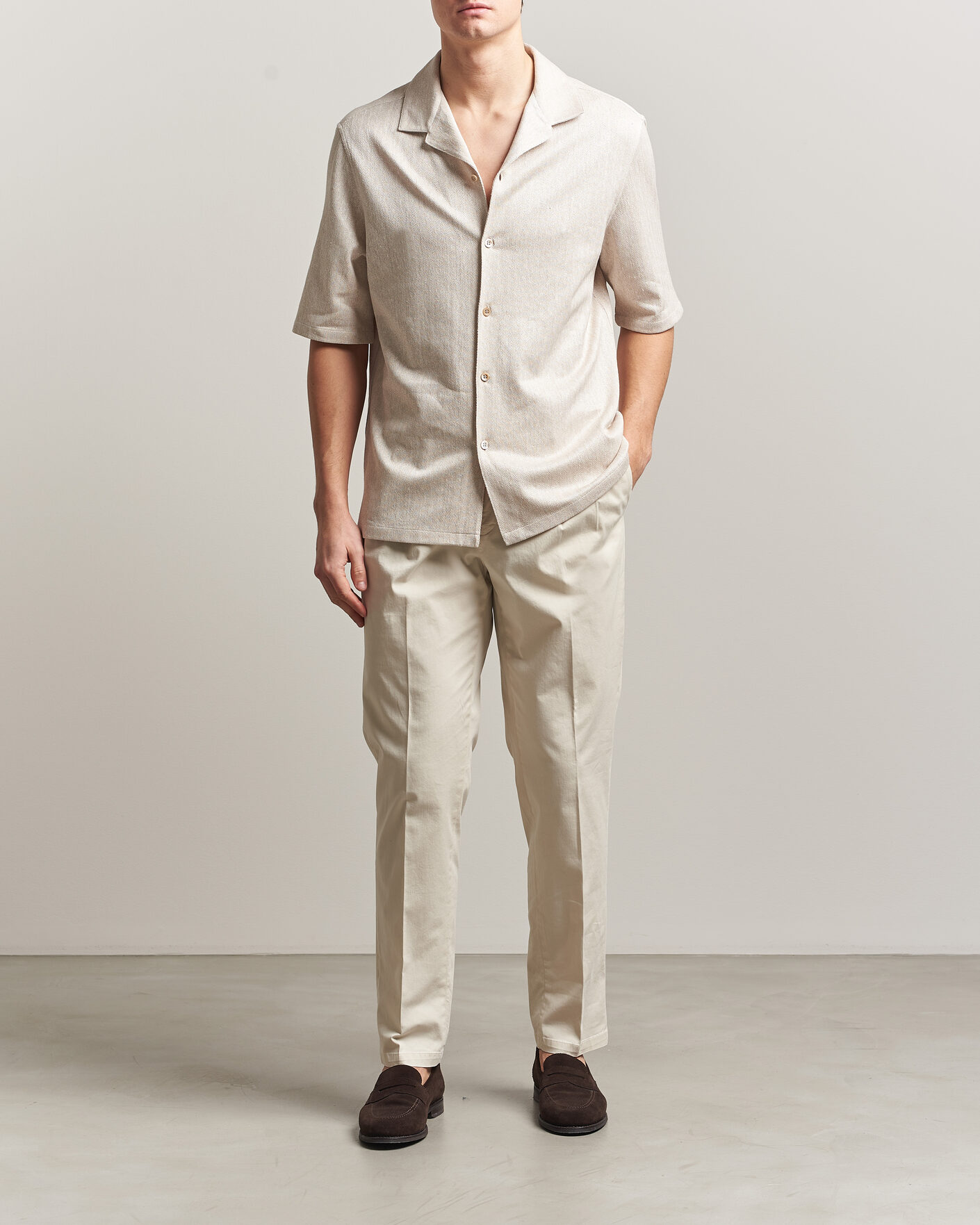 Herr | Skjortor | Brunello Cucinelli | Linen Herringbone Camp Shirt Light Beige
