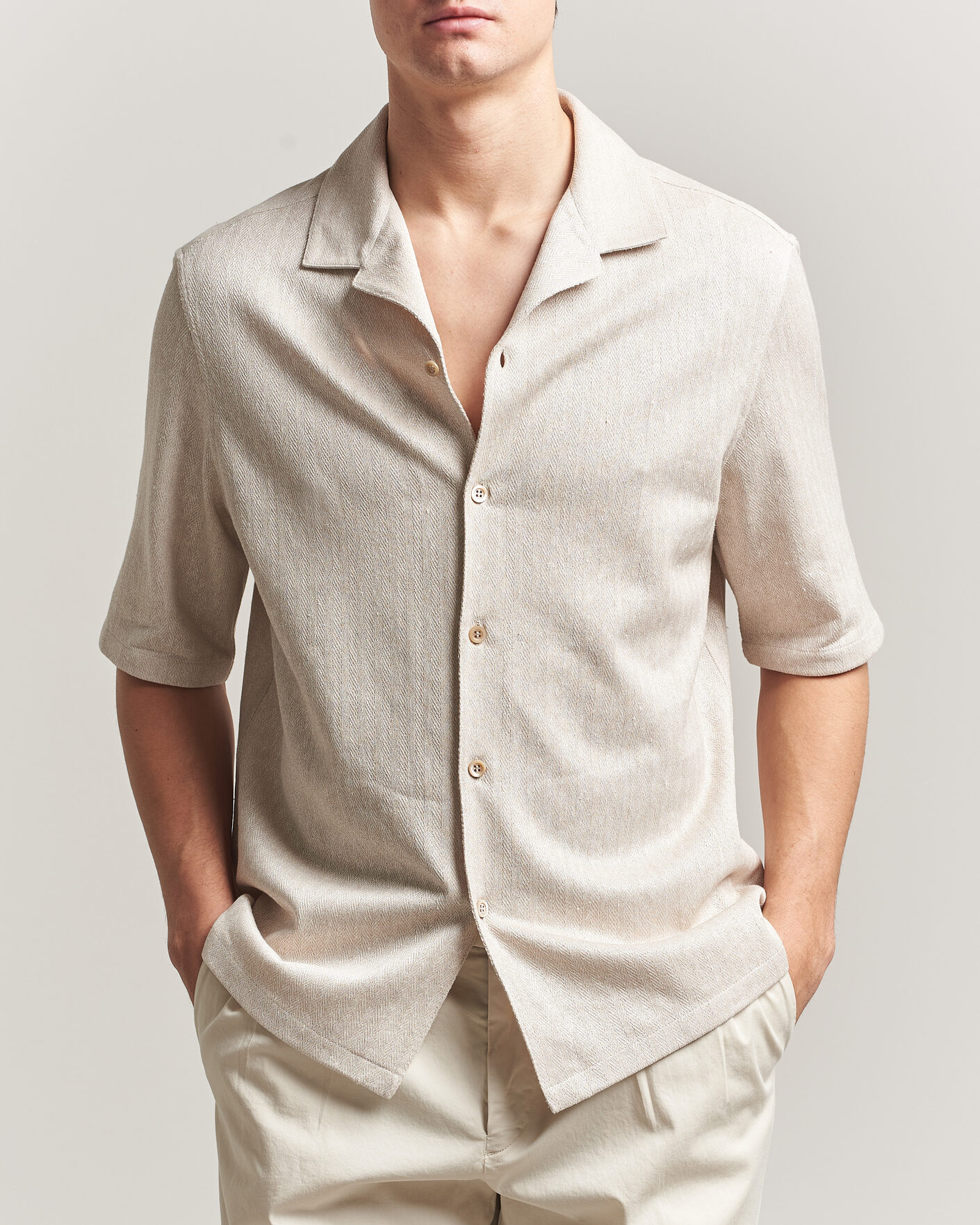 Herr | Skjortor | Brunello Cucinelli | Linen Herringbone Camp Shirt Light Beige