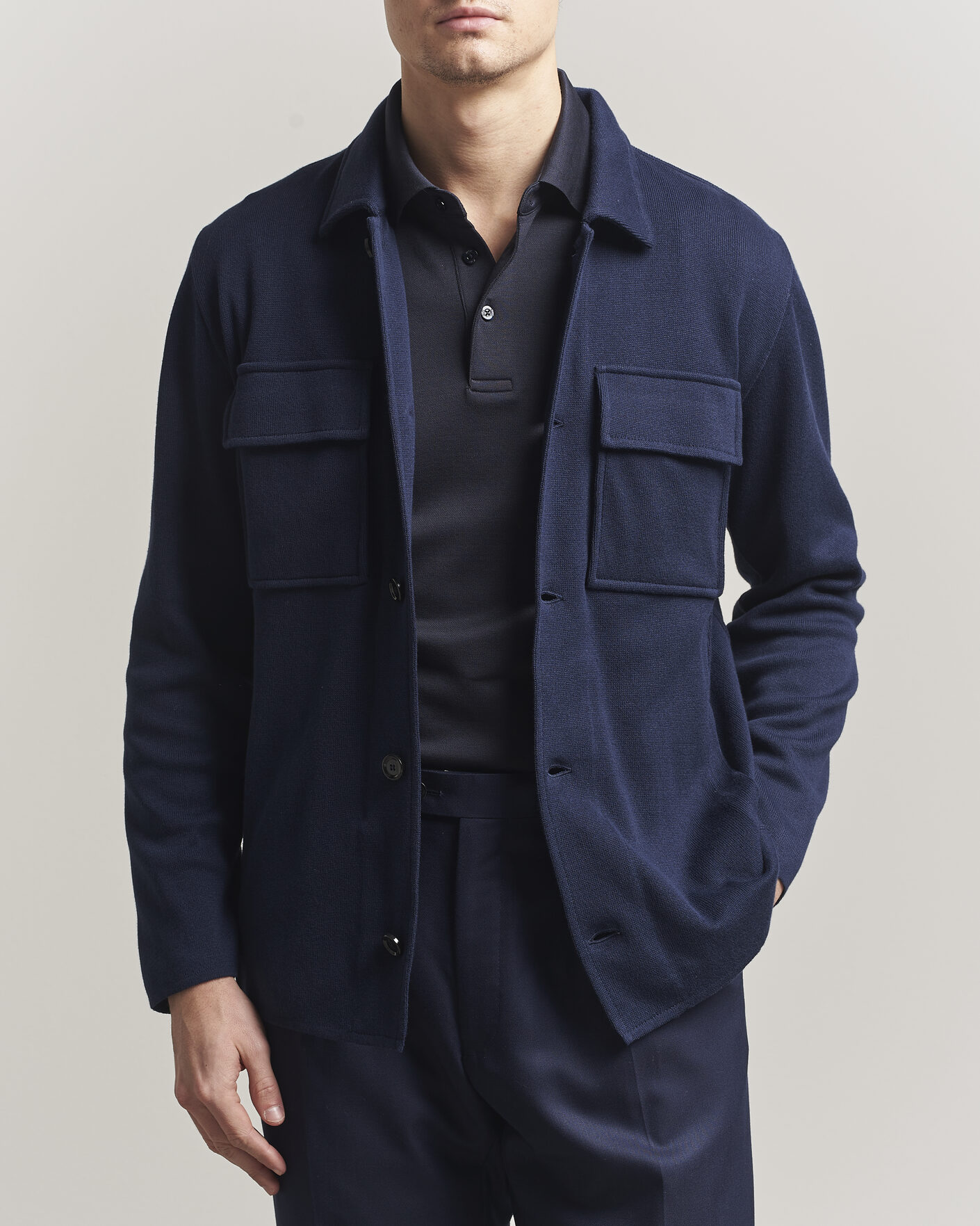 Herr | Kavajer | Lardini | Knitted Cotton Pocket Shirt Jacket Navy