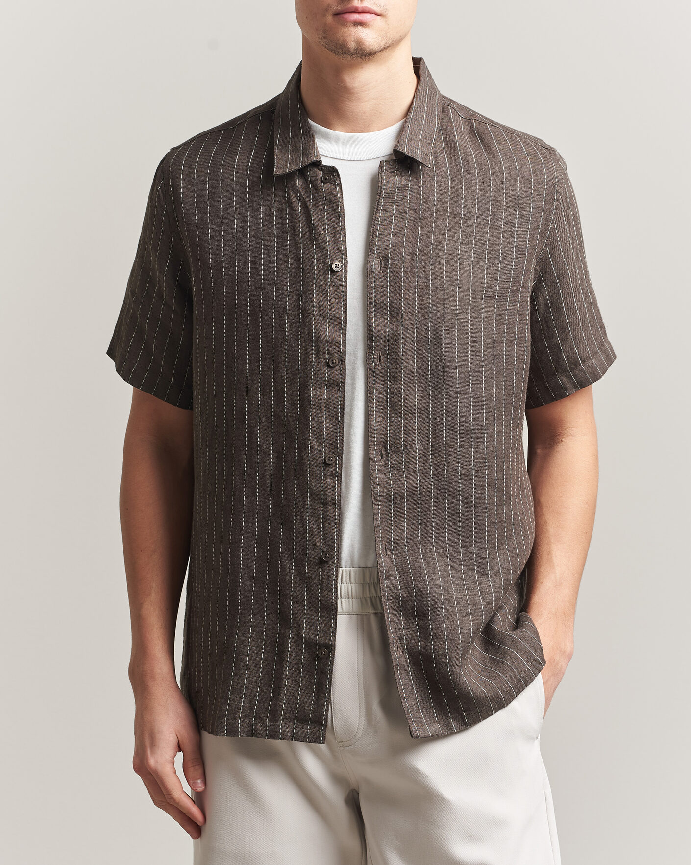 Herr | Skjortor | Samsøe Samsøe | Avan Linen Striped Short Sleeve Shirt Black Olive