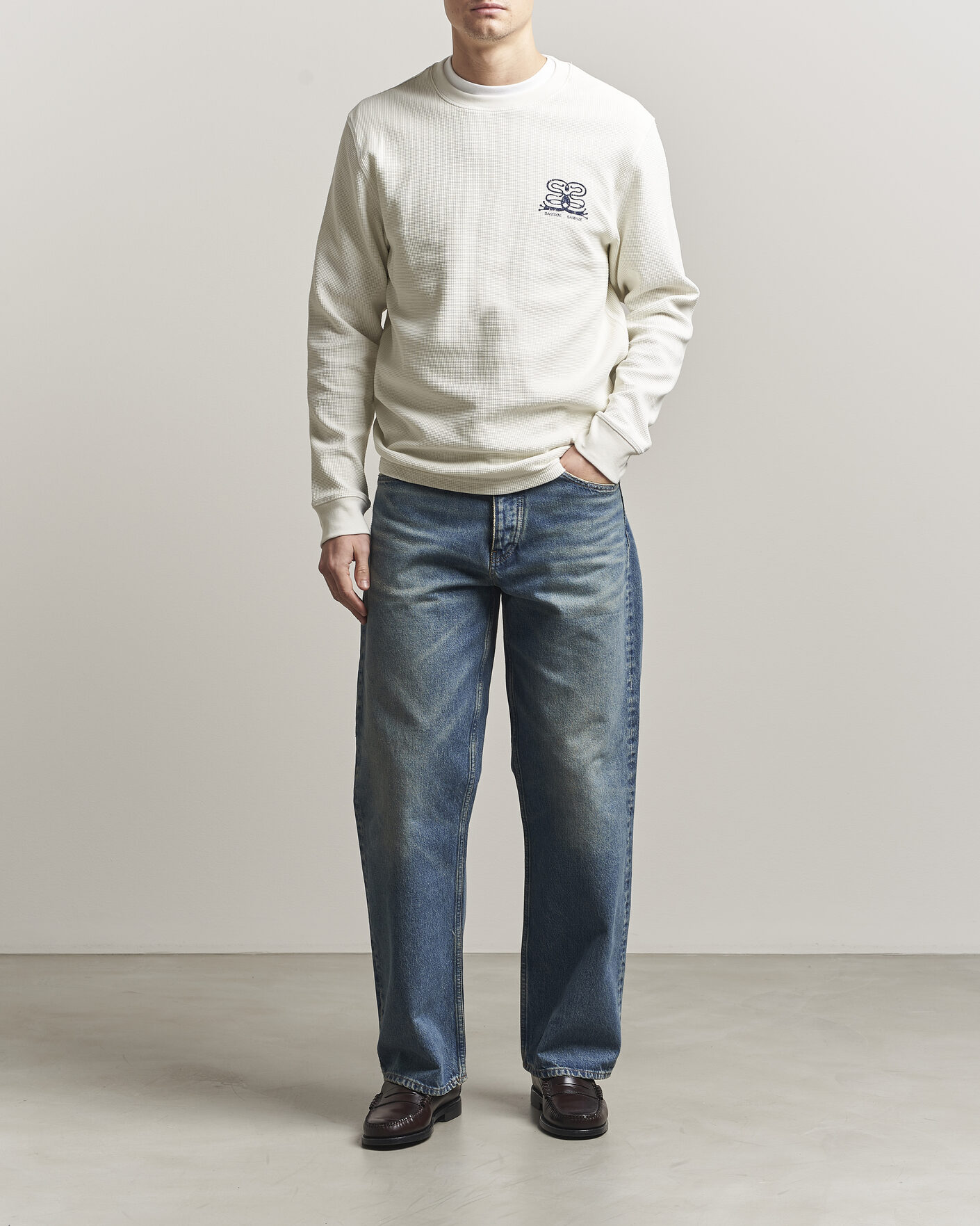 Herr | T-Shirts | Samsøe Samsøe | Fellow Waffle Printed Long Sleeve T-Shirt Clear Cream