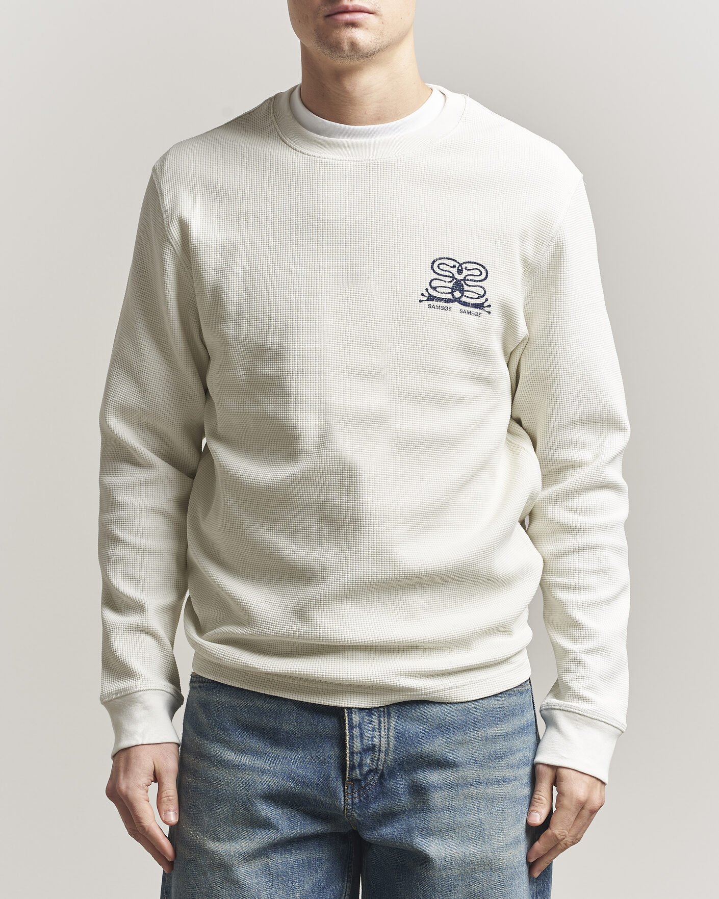 Herr | T-Shirts | Samsøe Samsøe | Fellow Waffle Printed Long Sleeve T-Shirt Clear Cream