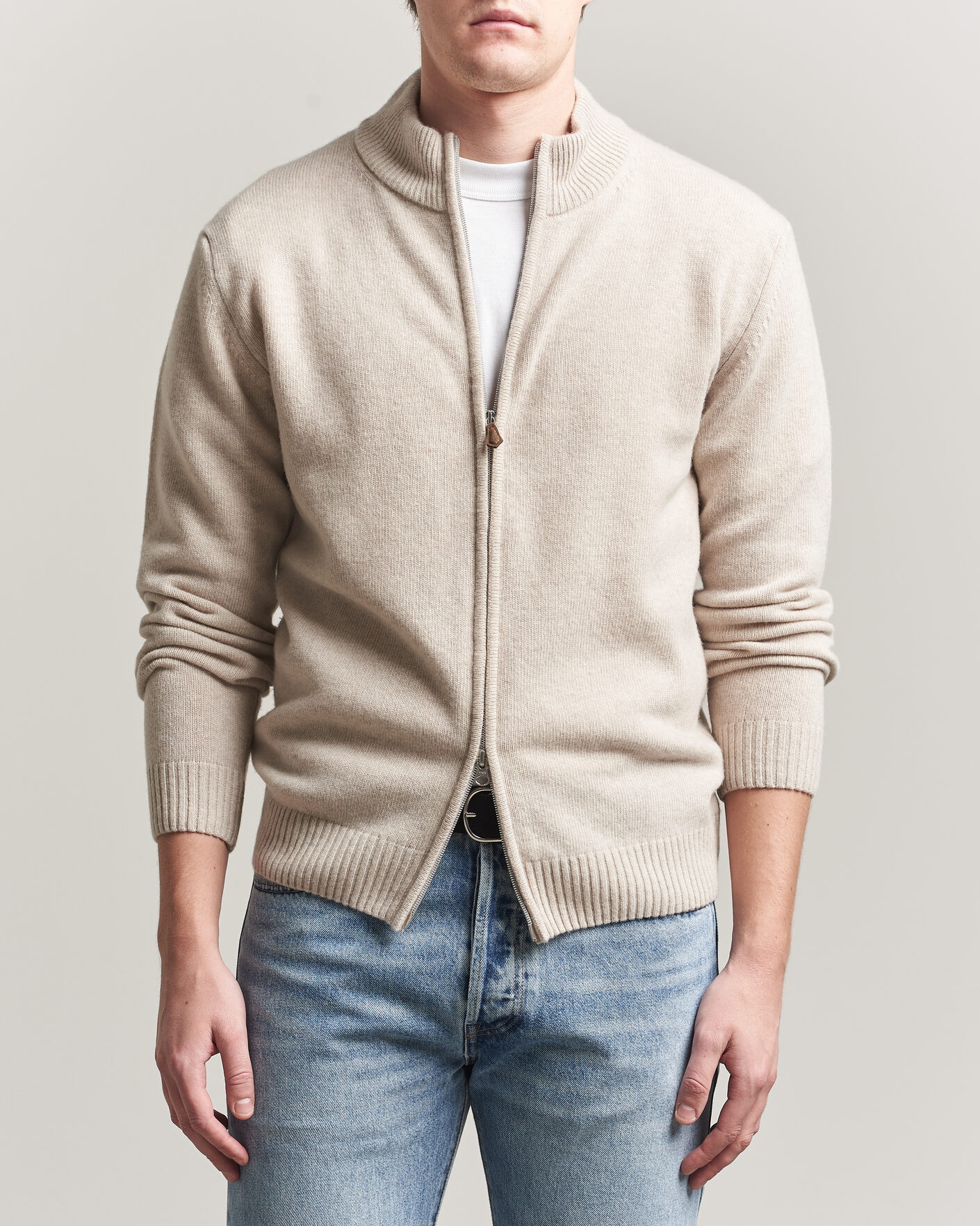 Herr | Tröjor | Stenströms | Brushed Merino Full Zip Beige