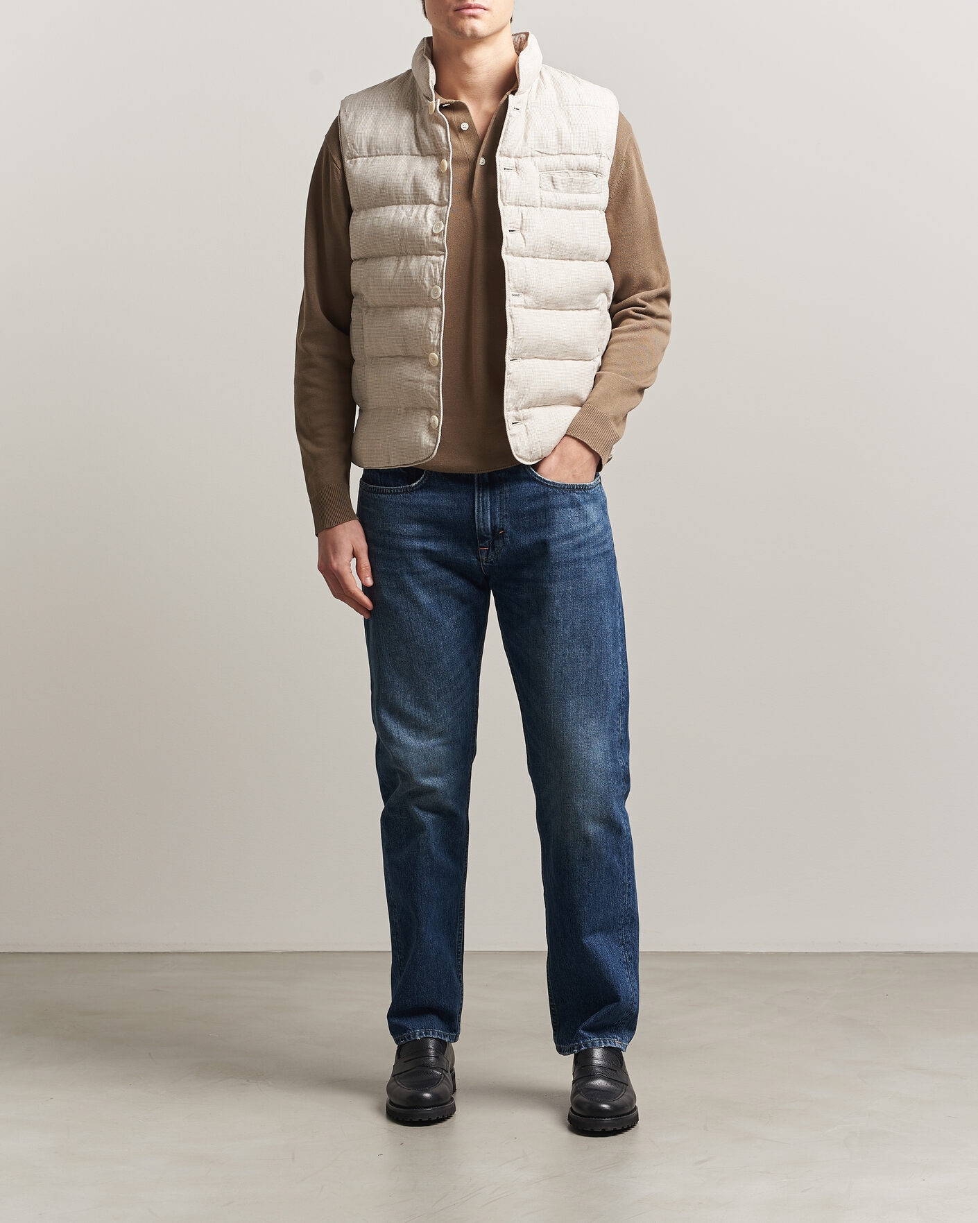Herr | Västar | Stenströms | Padded Mini Houndstooth Linen Vest Beige