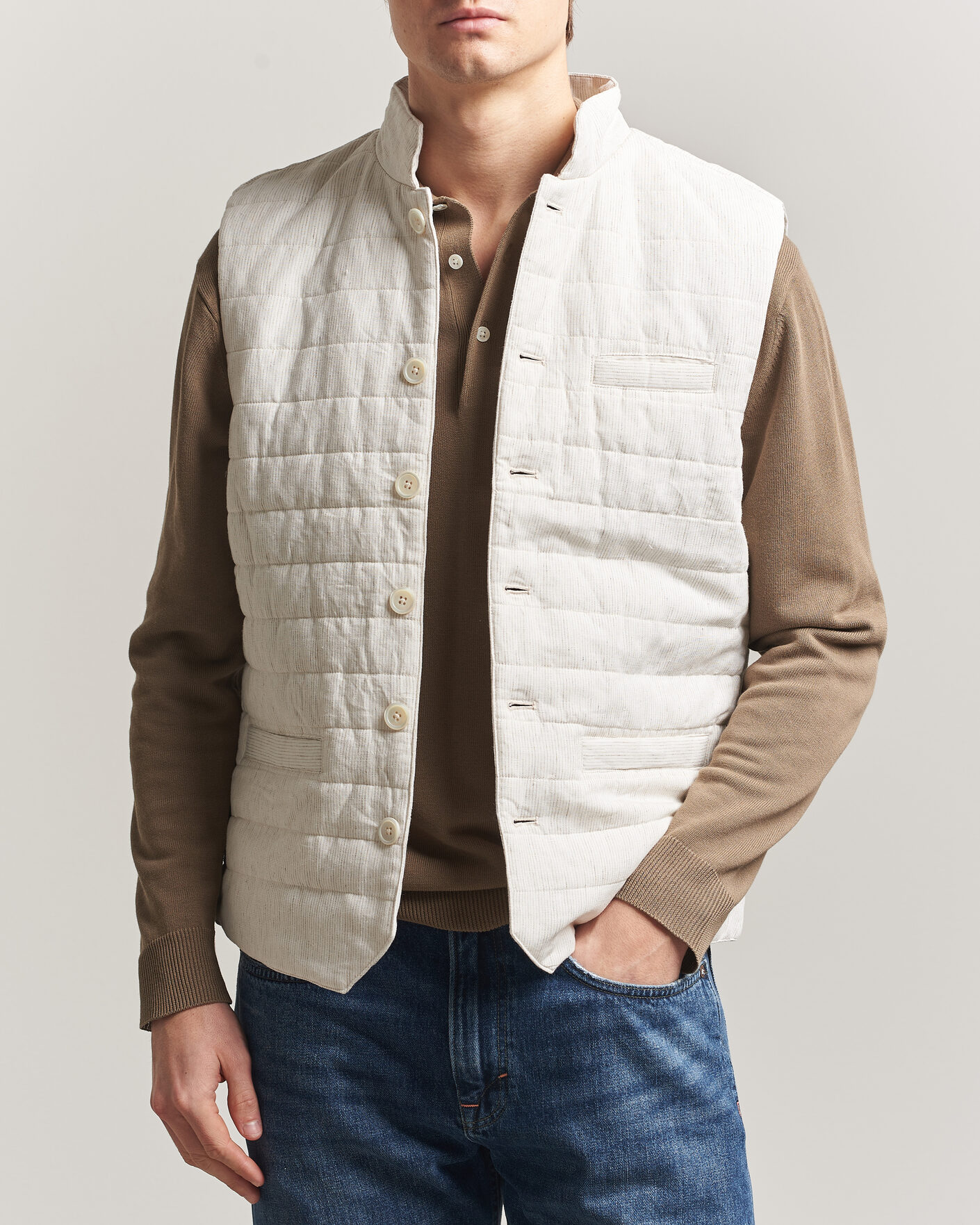 Herr | Västar | Stenströms | Mid Layer Pin Stripe Linen Vest Off White