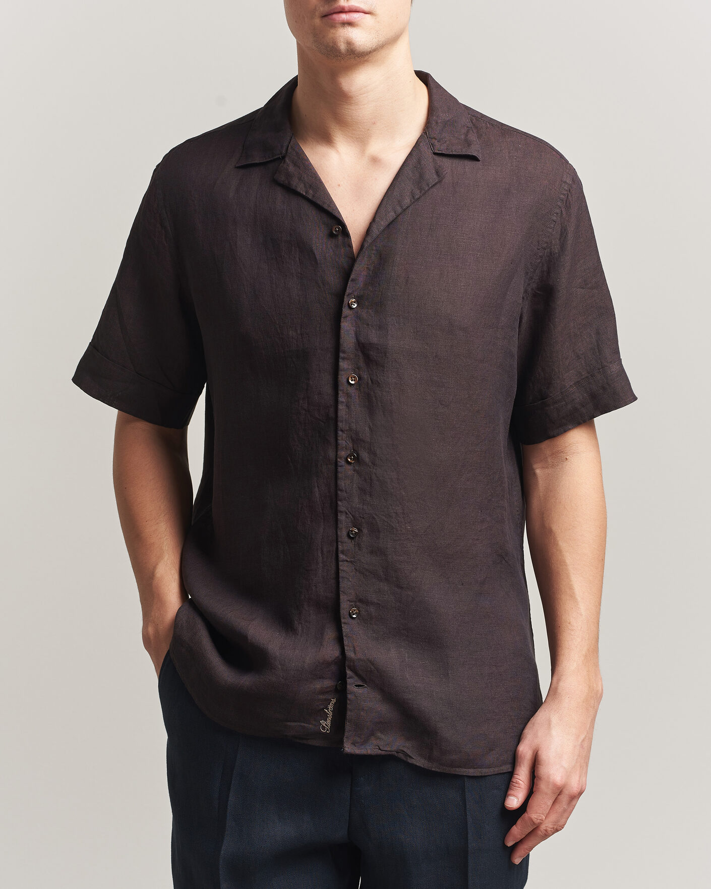 Herr | Skjortor | Stenströms | Short Sleeve Linen Shirt Dark Brown