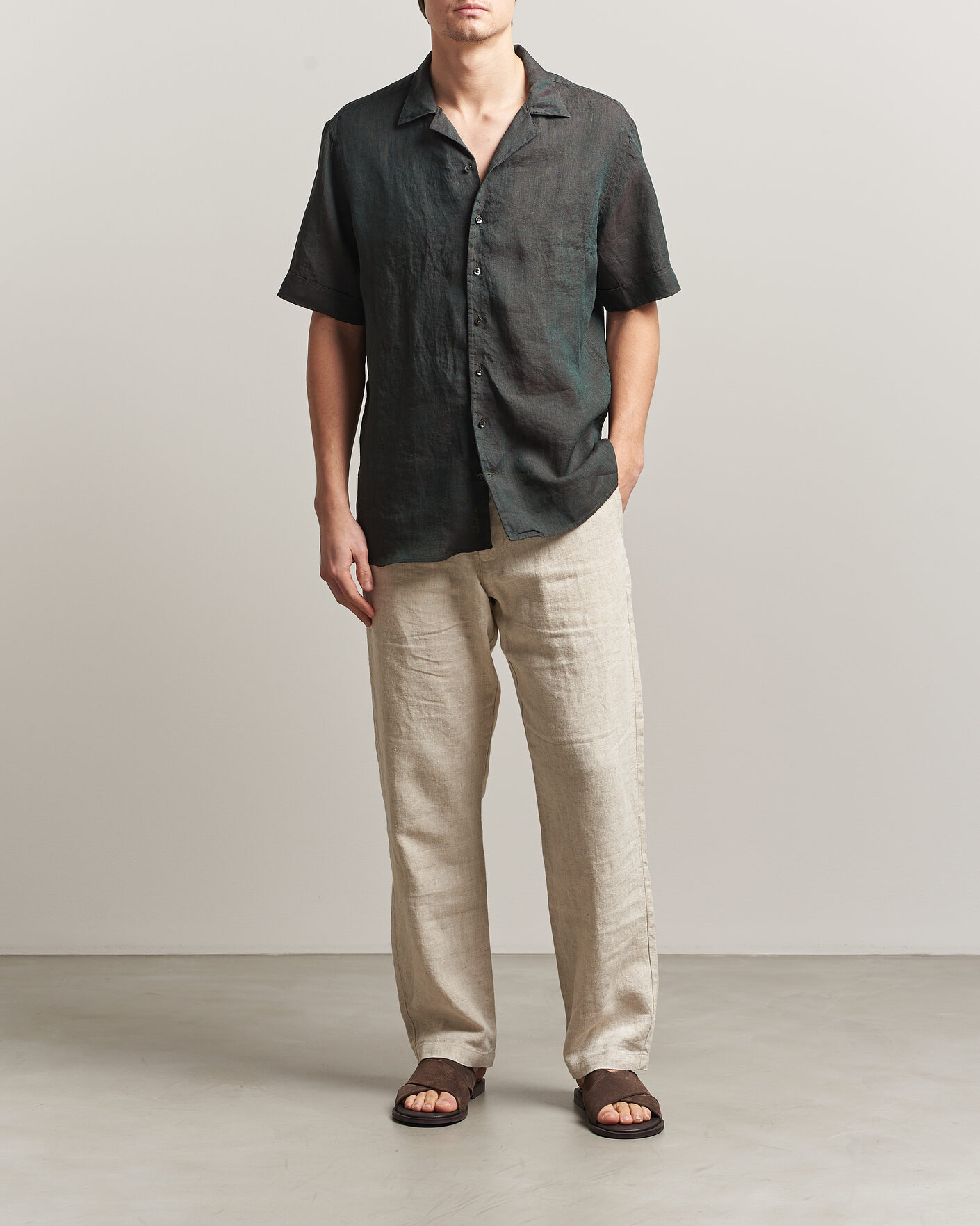 Herr | Skjortor | Stenströms | Short Sleeve Linen Shirt Dark Green