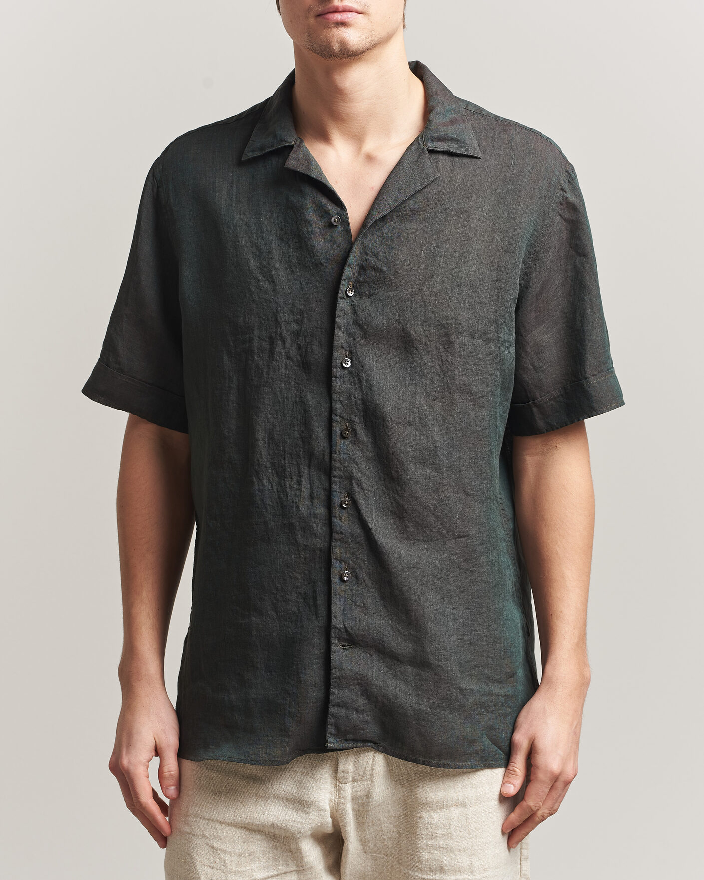Herr | Skjortor | Stenströms | Short Sleeve Linen Shirt Dark Green