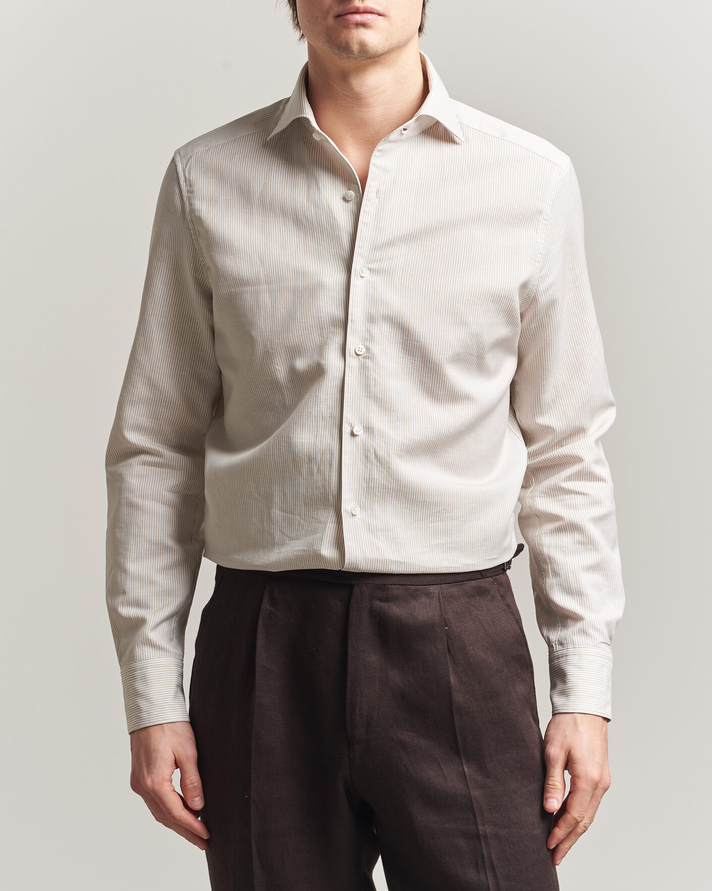 Herr | Skjortor | Stenströms | 1899 Cotton/Linen/Silk Striped Shirt Beige