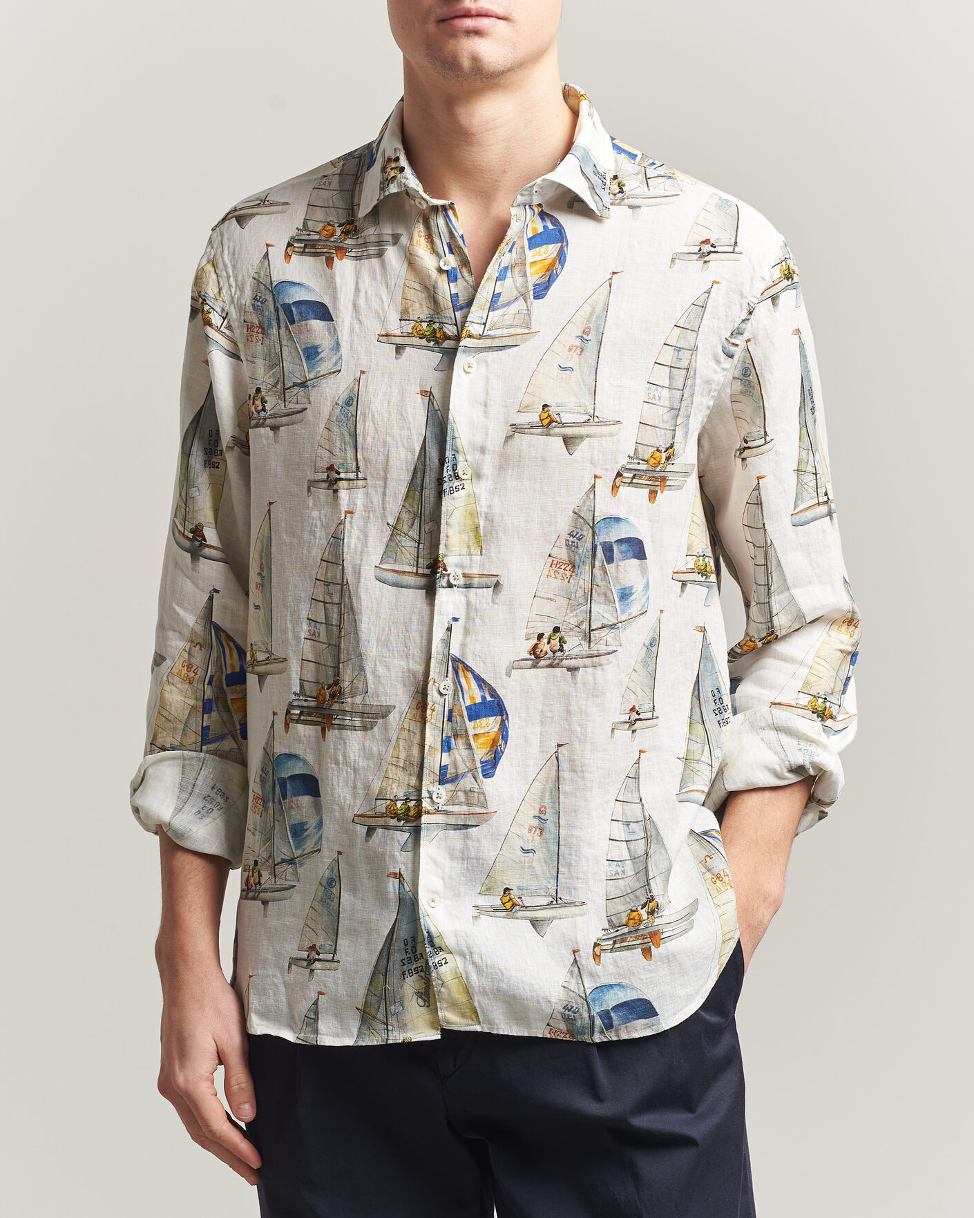 Herr | Skjortor | Stenströms | Regular Fit Printed Sailing Linen Shirt White